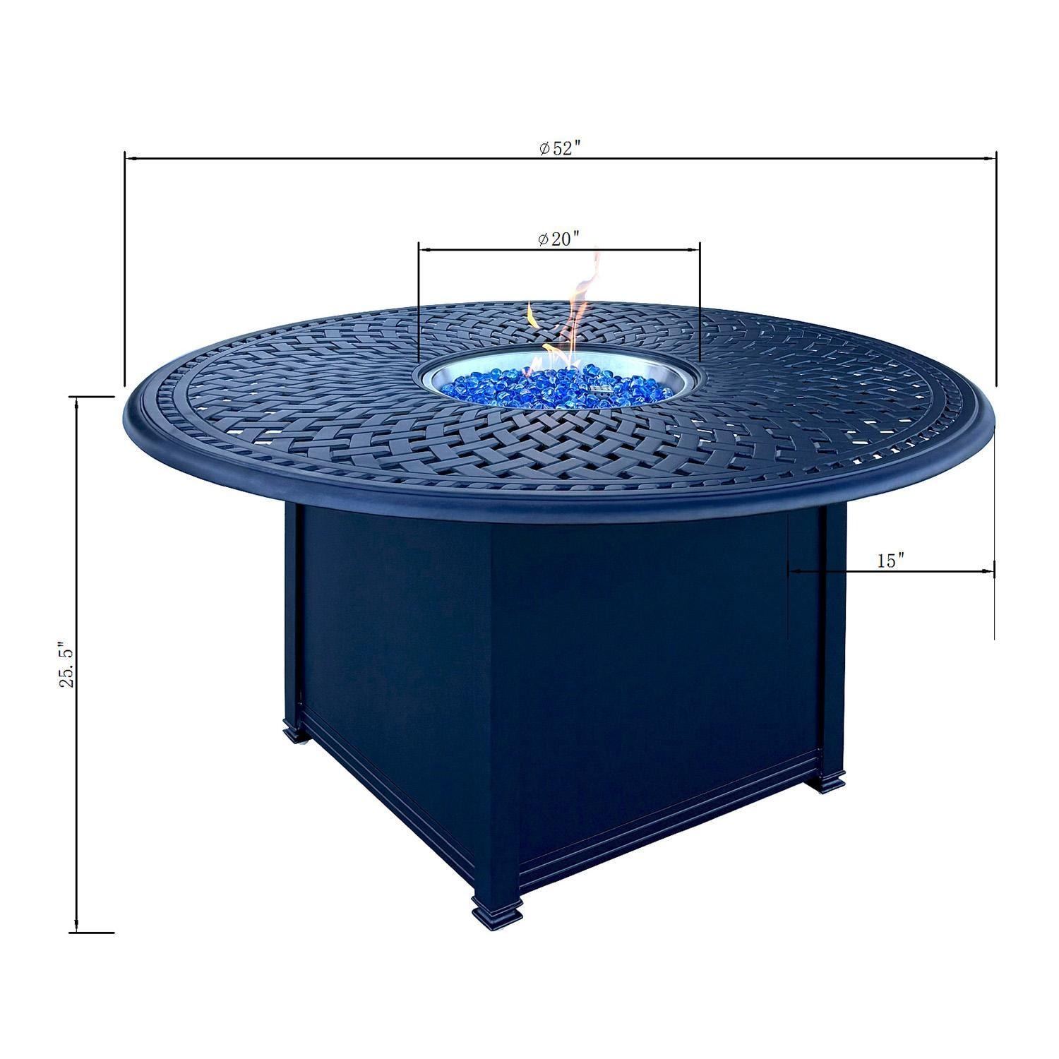 Darlee Santa Barbara 5 Pc Cast Aluminum Fire Pit Seating Set w/ 52 Inch Signature Table & 2 Swivel Rockers - Fire Pit - Dimensional thumbnail