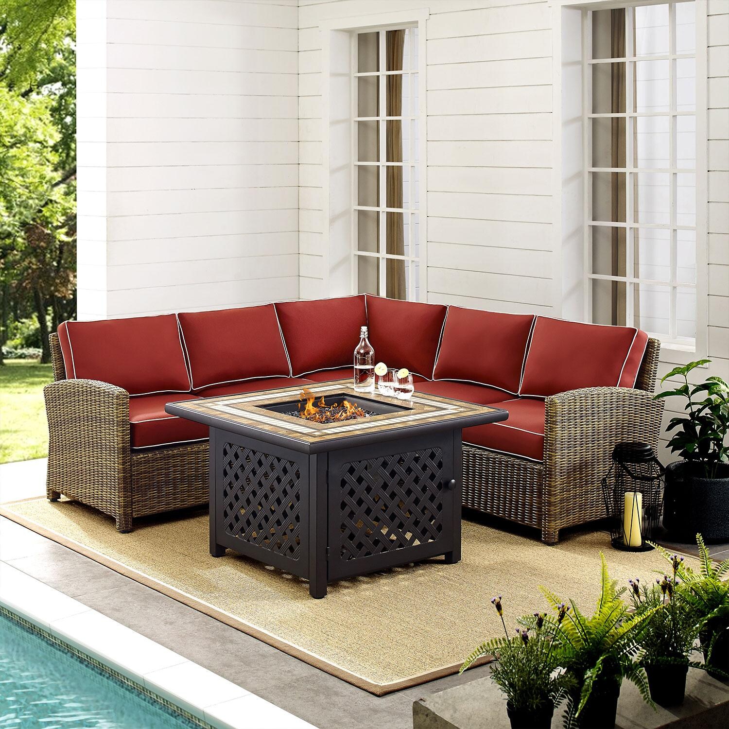 Ultimate Patio UP-92390-SG 4Pc Wicker Outdoor Sectional Set W/ Fire Table in Sangria - By The Pool - Lifestyle thumbnail