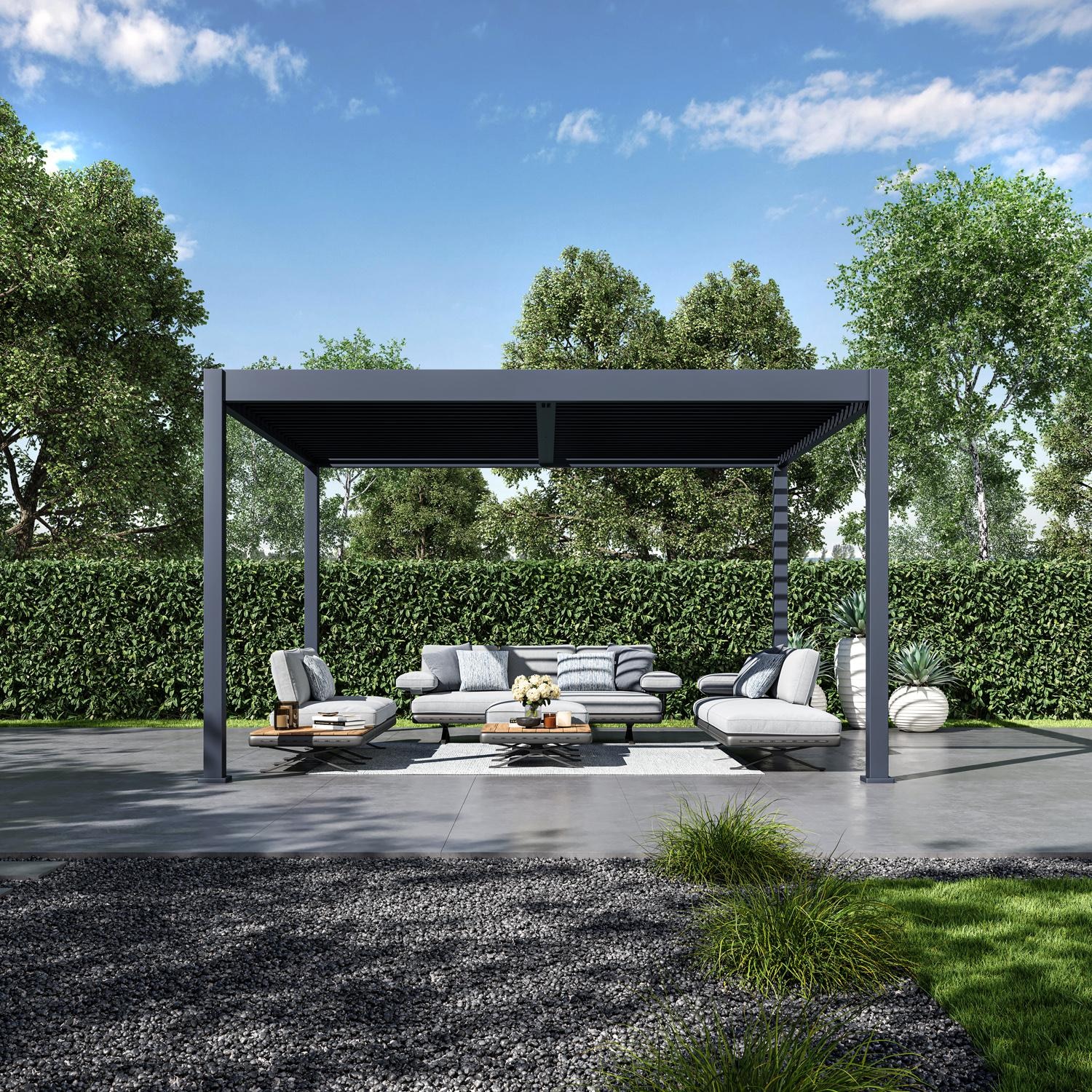 Paragon Outdoor PRGRT-1214GY Grand Tuscan 12' x 14' Slate Gray Aluminum Louvered Pergola - Side View - Lifestyle thumbnail