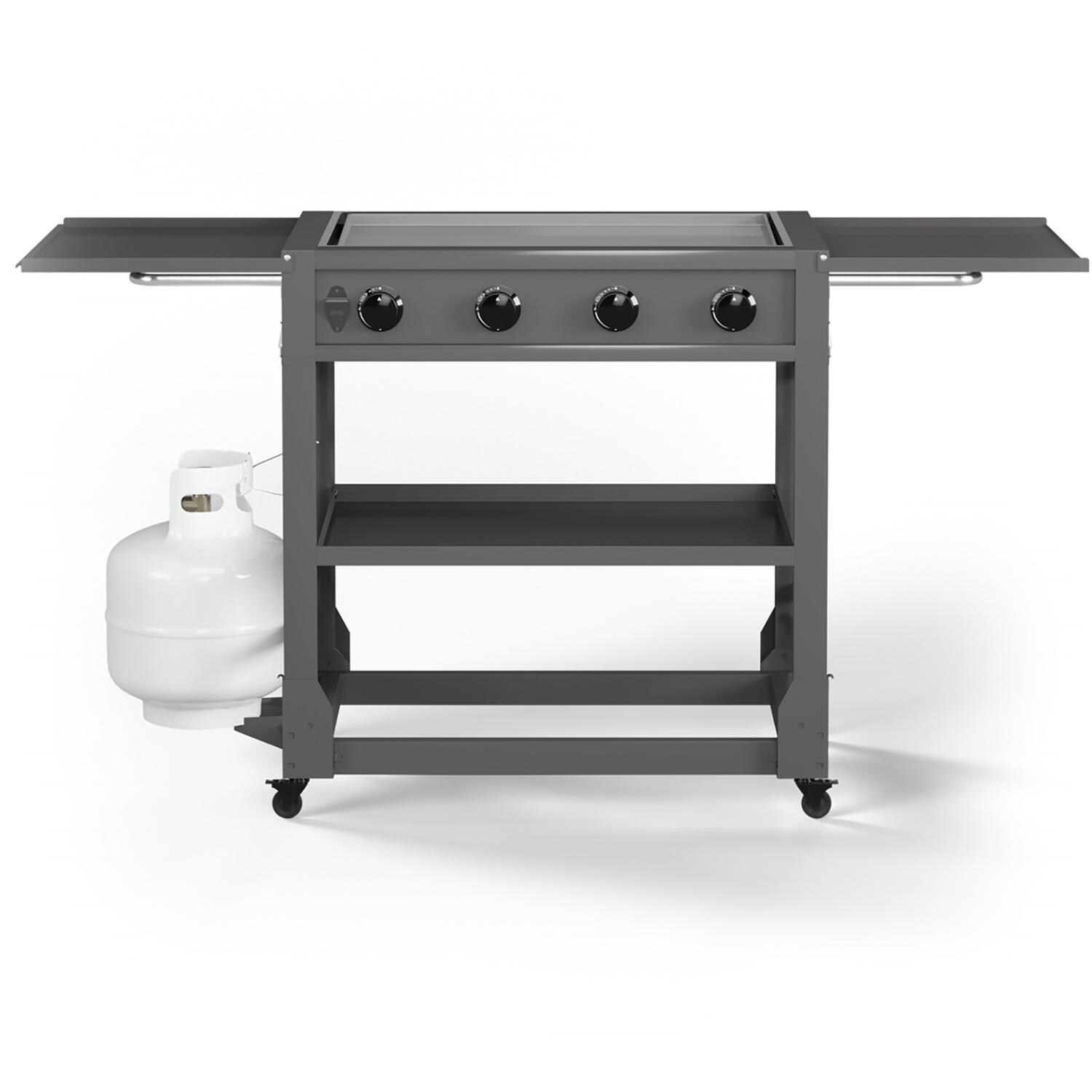 TYTUS Fresno Series 4-Burner Gunmetal Flat Top Griddle with Tool Set & Cover - TDT-471-0101 - Front Open - White Background thumbnail