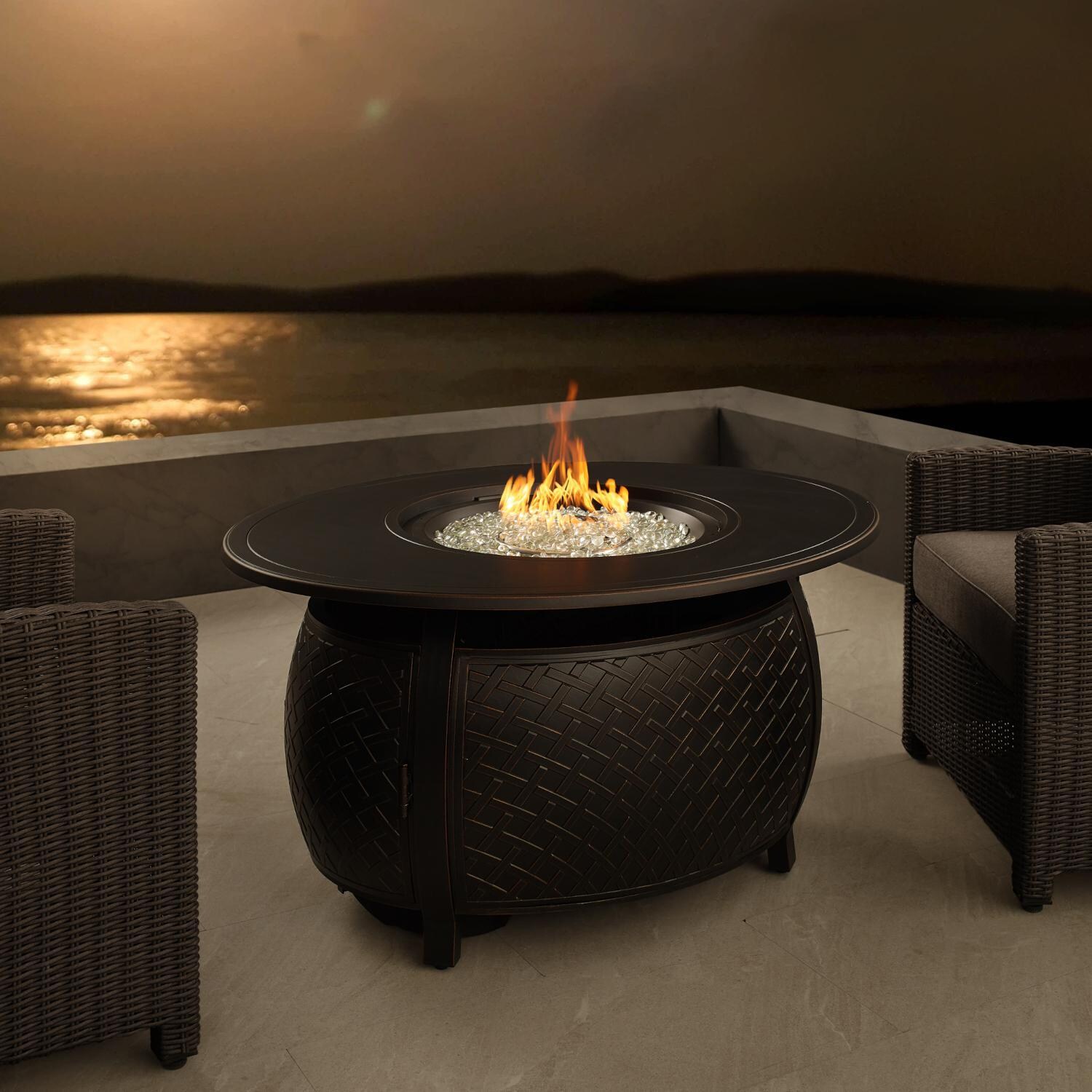 Palm Way 38 Inch Round Aluminum Natural Gas Fire Pit Table in Antique Bronze by Ultimate Patio