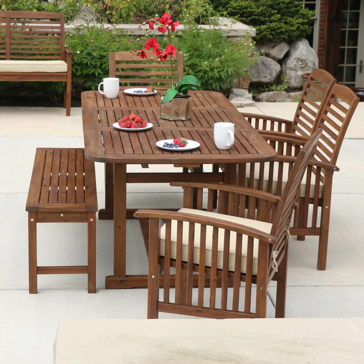 Midland 6 Piece Dark Brown Acacia Patio Dining Set W/ 55 X 35 Inch Extension Table & Natural Cushions By Walker Edison image