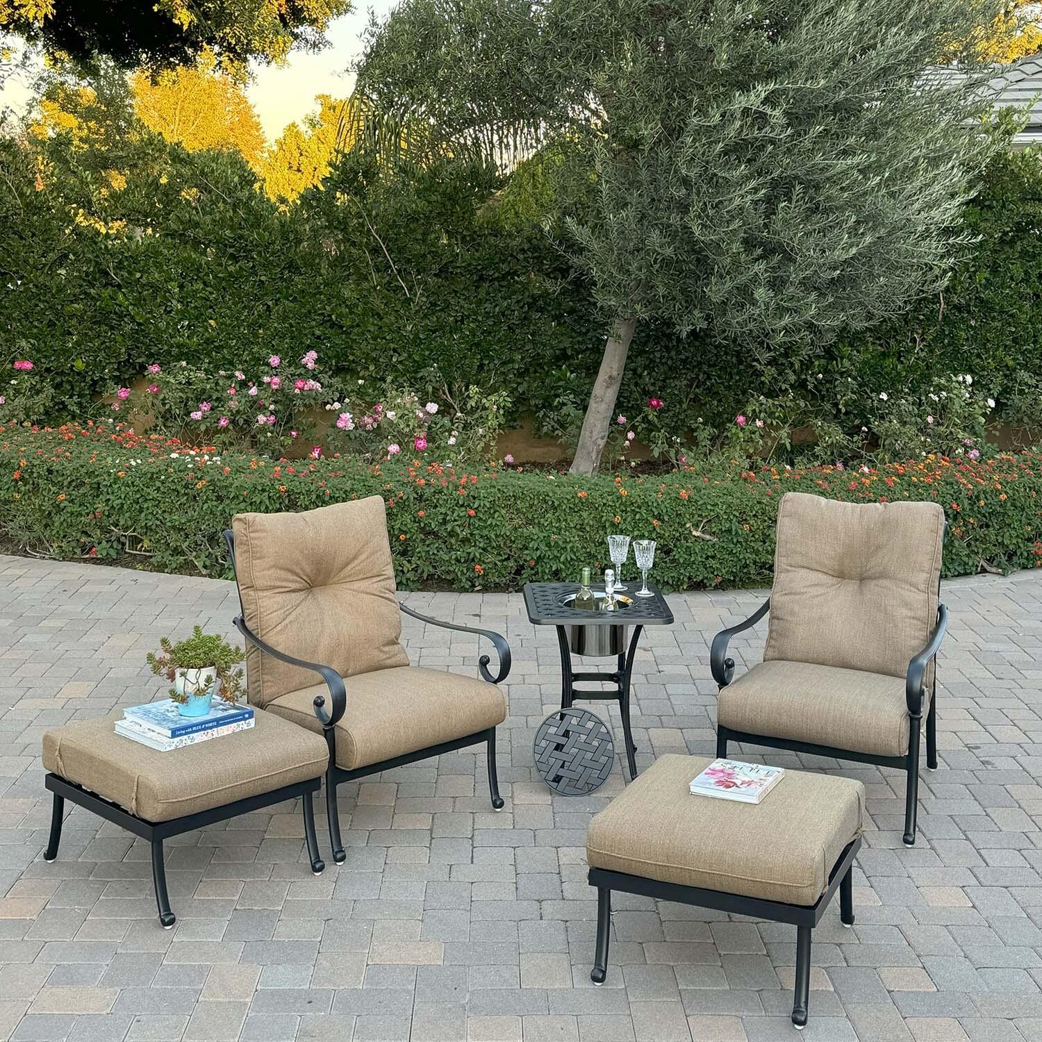 Santa Anita 5 Pc Cast Aluminum Fire Pit Bistro Set w/ 52 Inch Series 30 Ice Bucket End Table & & Ottomans in Antique Bronze/Linen Sesame by Darlee