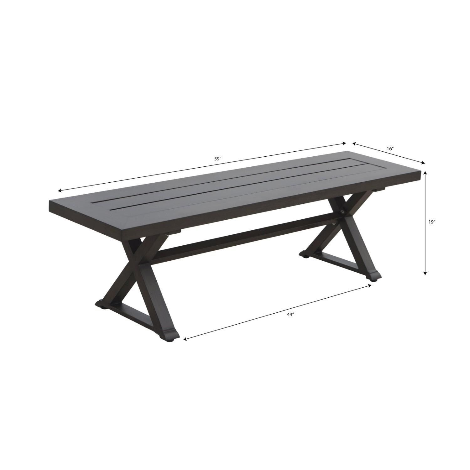 Brooklyn 8 Pc Aluminum Dining Set w/ 59 Inch Square Table in Sesame/Multi-brown by Darlee - Bench - Dimensional thumbnail