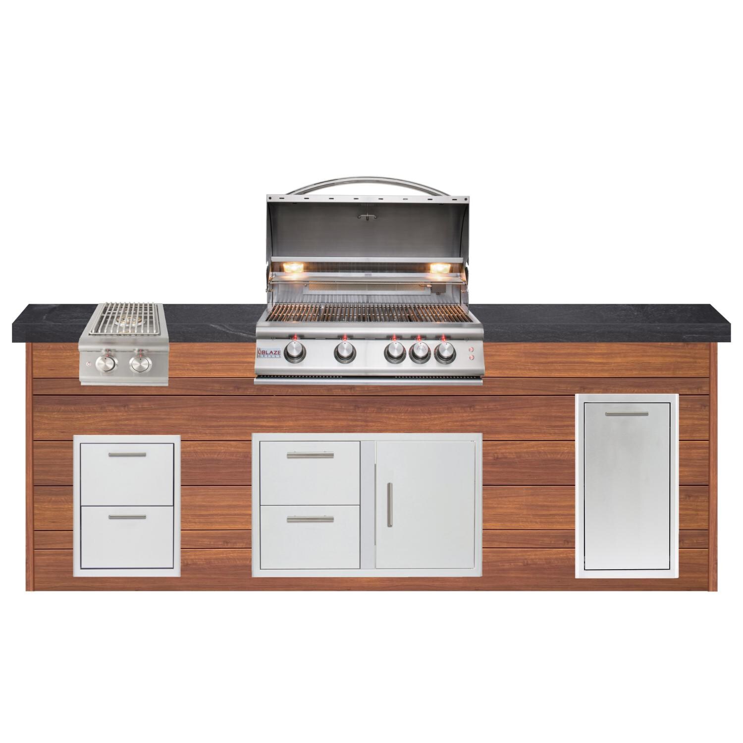 BBQGuys Signature 8ft Luxury Outdoor Island W/ Blaze Premium LTE 32-Inch Natural Gas Grill & Double Side Burner - Light National Walnut Aluminum W/ Black Polished Granite thumbnail