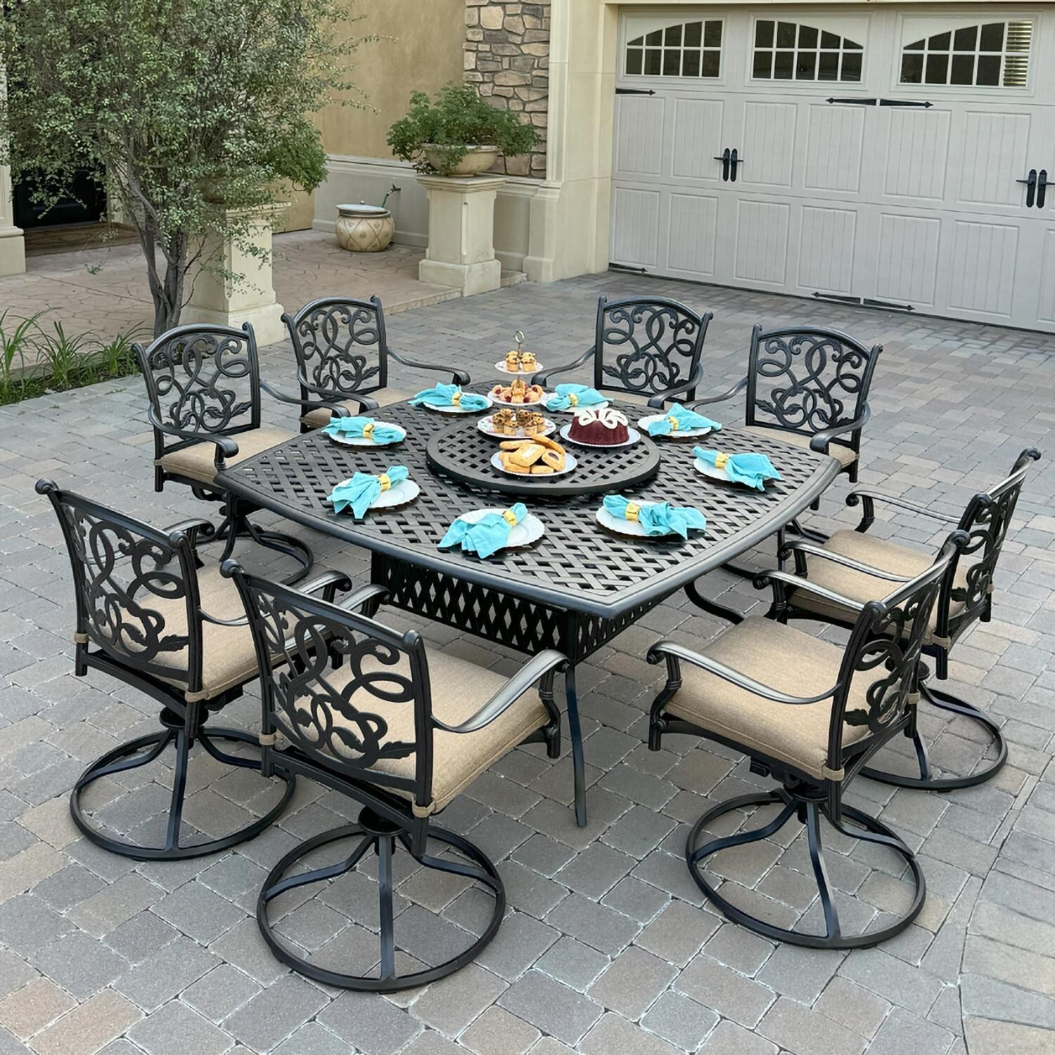 Santa Monica 10 Pc Cast Aluminum Swivel Rocker Dining Set in Antique Bronze By Darlee