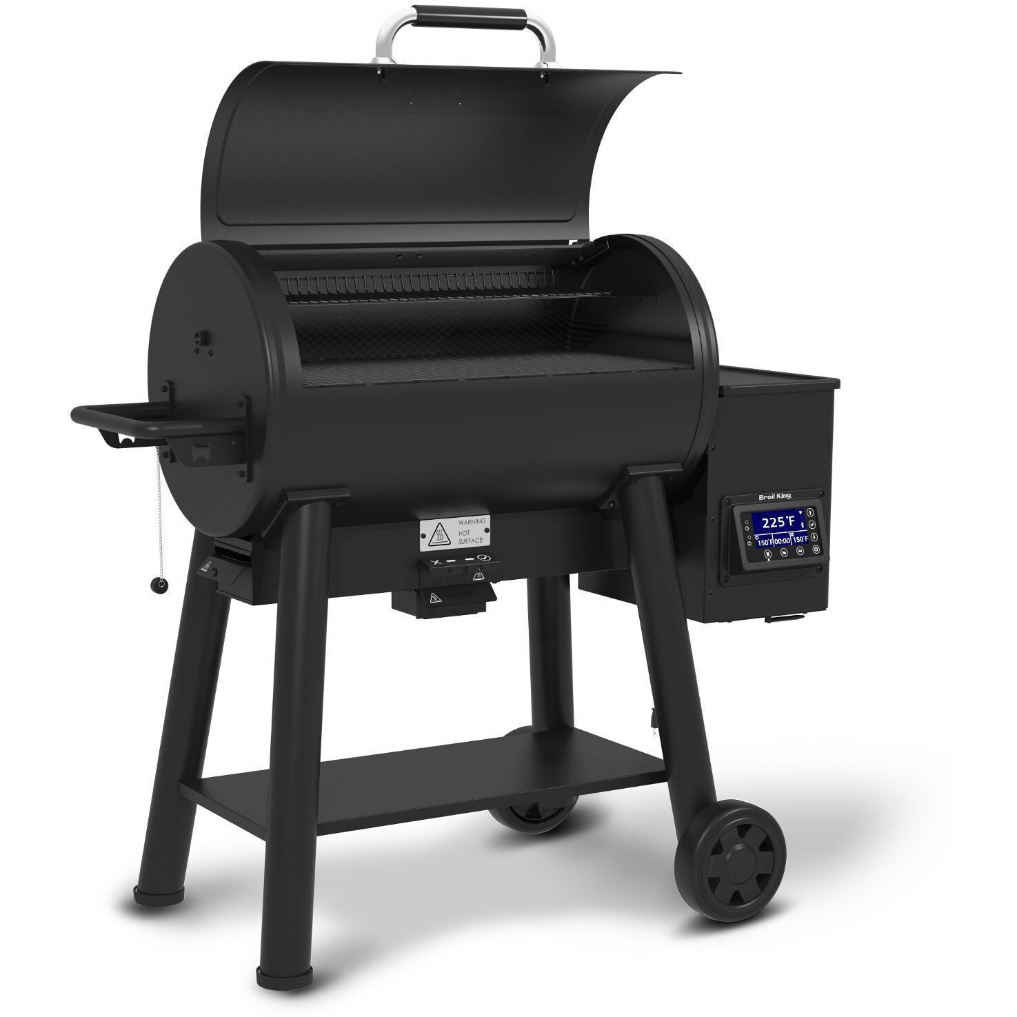 Broil King Crown 494051 500 Wi-Fi & Bluetooth Controlled 32-Inch Pellet Grill - Left Side Angle With Hood Open thumbnail