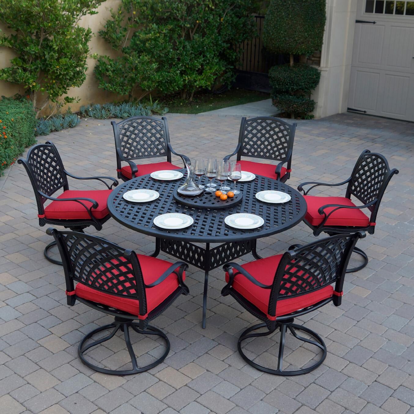 Nassau 8 Pc Cast Aluminum Dining Set in Antique Bronze w/ Red Cushions By Darlee