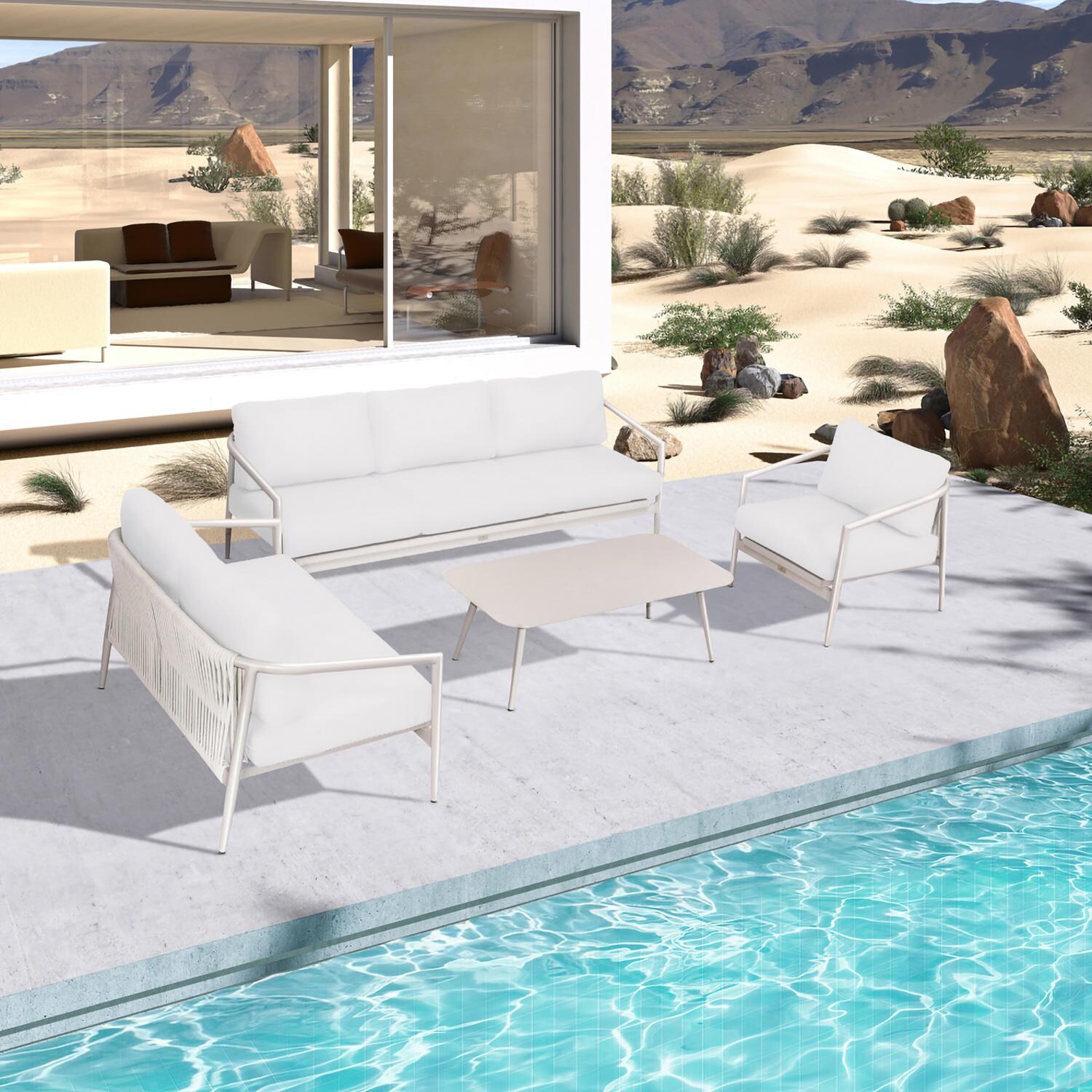 Lakeview Midnight Cove 4 Pc Aluminum Sofa Loveseat Seating Set in Urban Stone/Carrera/Canvas Natural - Top - Lifestyle thumbnail