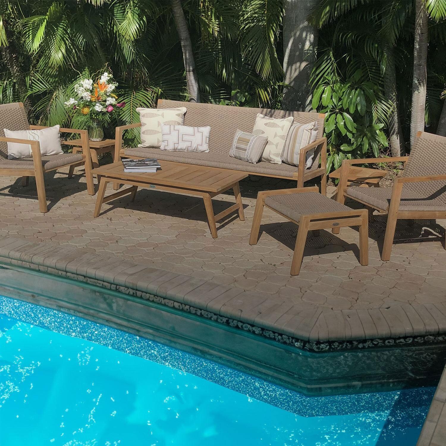 Admiral 7 Pc Teak Seating Set w/ Ottoman & 2 End Tables in Brown Sand by Royal Teak Collection