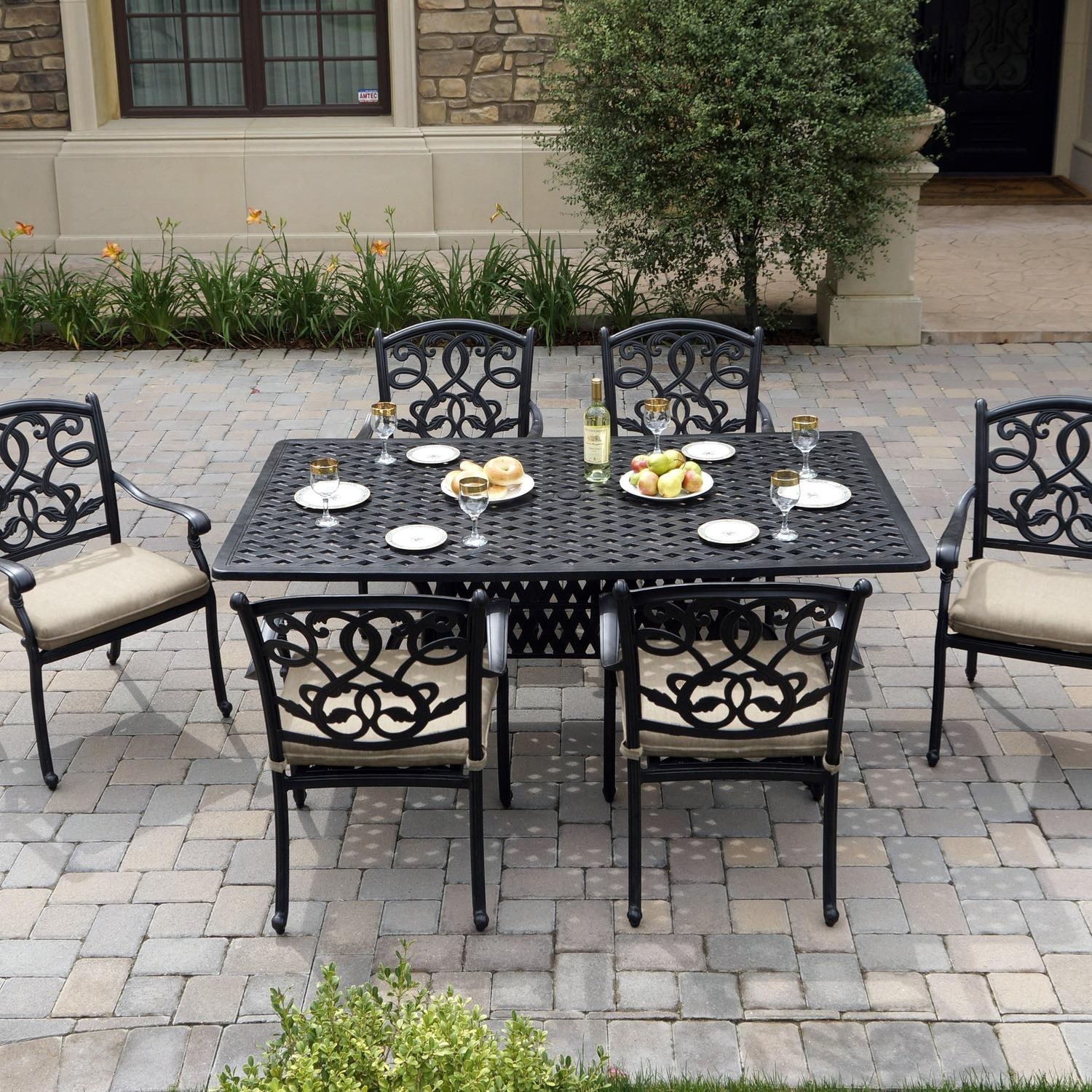 Darlee Santa Monica 7 Pc Cast Aluminum Dining Set w/ 72 X 42 Inch Series 30 Table in Antique Bronze/Beige Canvas by - B/DL2052-7PC-30RED