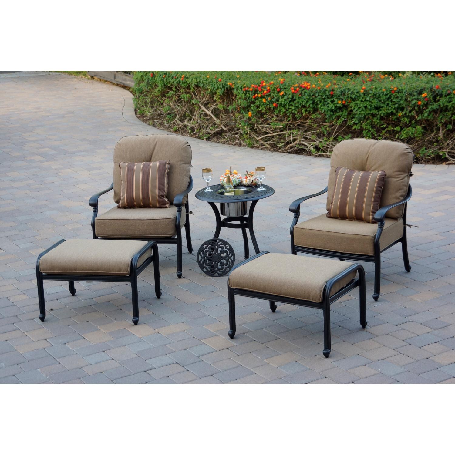 Darlee DL2058-5PC-60RQP Santa Monica 5 Piece Cast Aluminum Patio Conversation Set W/ End Table Ice Bucket Insert & Sesame Cushions - Lifestyle thumbnail