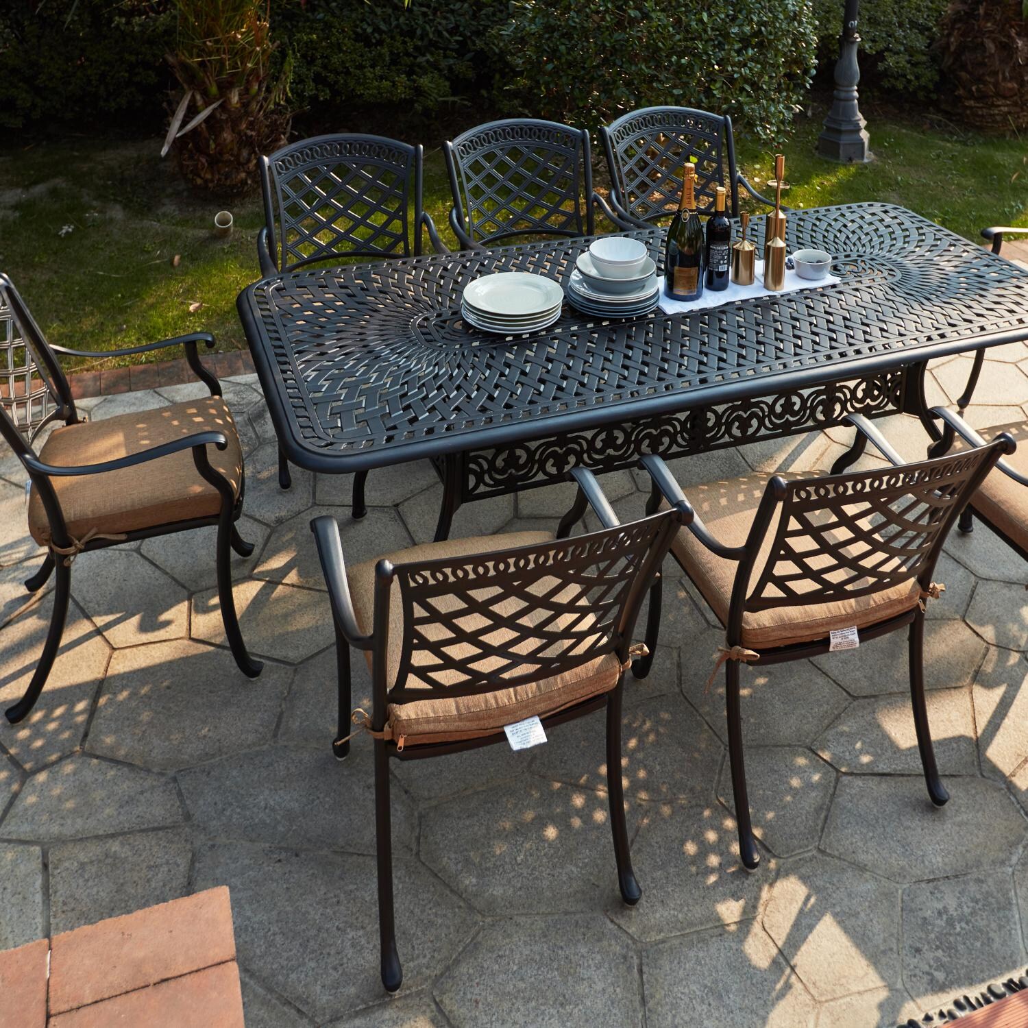 Sedona 9 Pc Cast Aluminum Dining Set w/ 92 X 42 Inch Series 60 Table in Antique Bronze/Sesame by Darlee