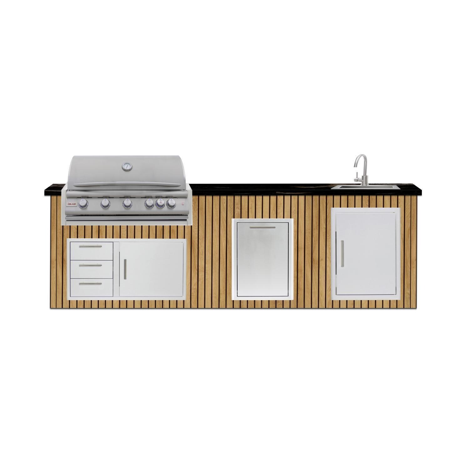 BBQGuys Signature 10 Ft Outdoor Kitchen Island w/ 40-in Blaze LTE+ Natural Gas Grill, Sink & Double Trash Bin | Sun Bleached Oak w/ Nero Mist Granite - Island - White Background thumbnail