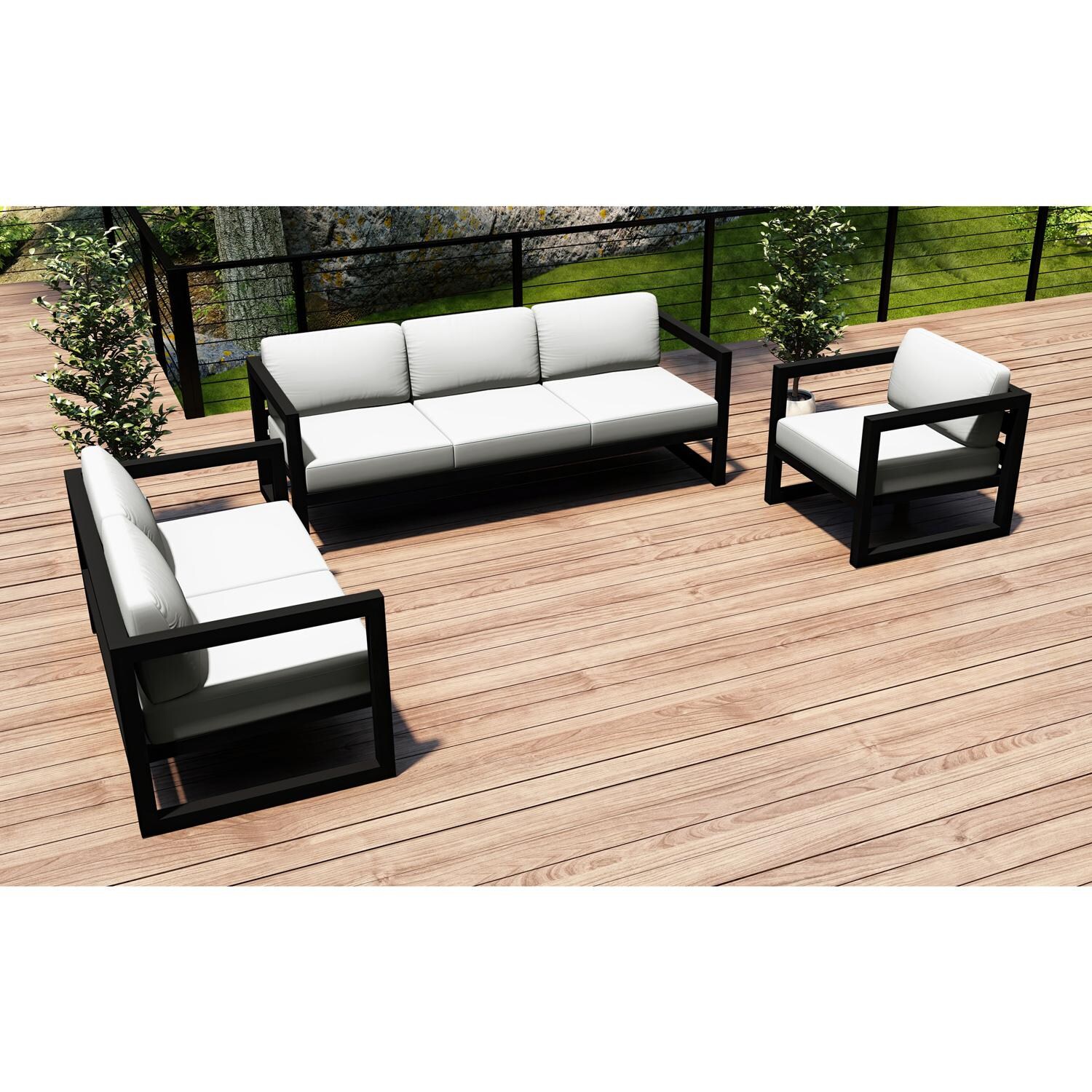 Lakeview MSTYCV-BK-3SLSS-CN Misty Cove 3 Pc Aluminum Seating Set in Black w/Sofa & Canvas Natural Cushions by Lakeview Outdoor Designs - Set on Deck - Lifestyle thumbnail