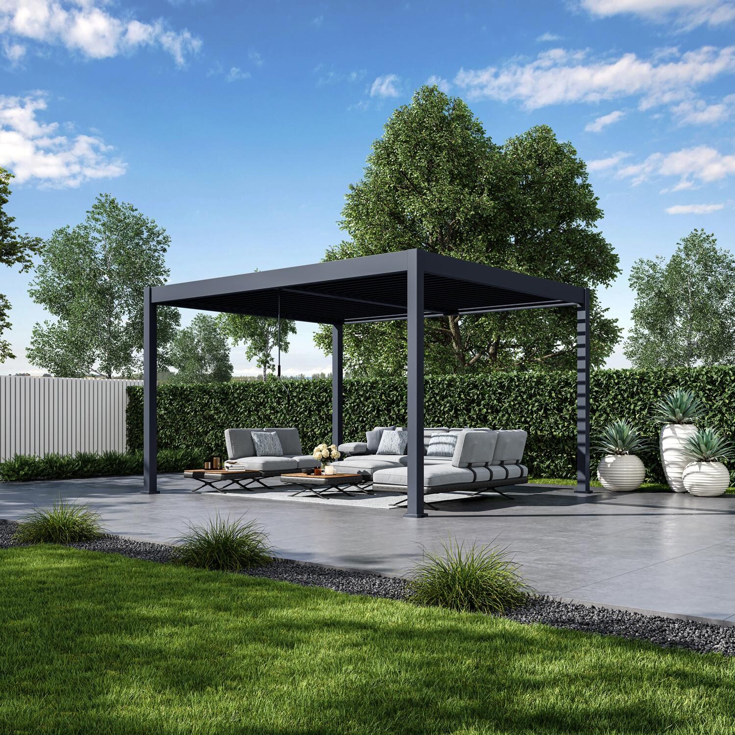 Paragon Outdoor PRGRT-1214GY Grand Tuscan 12' x 14' Slate Gray Aluminum Louvered Pergola - On Patio - Lifestyle thumbnail