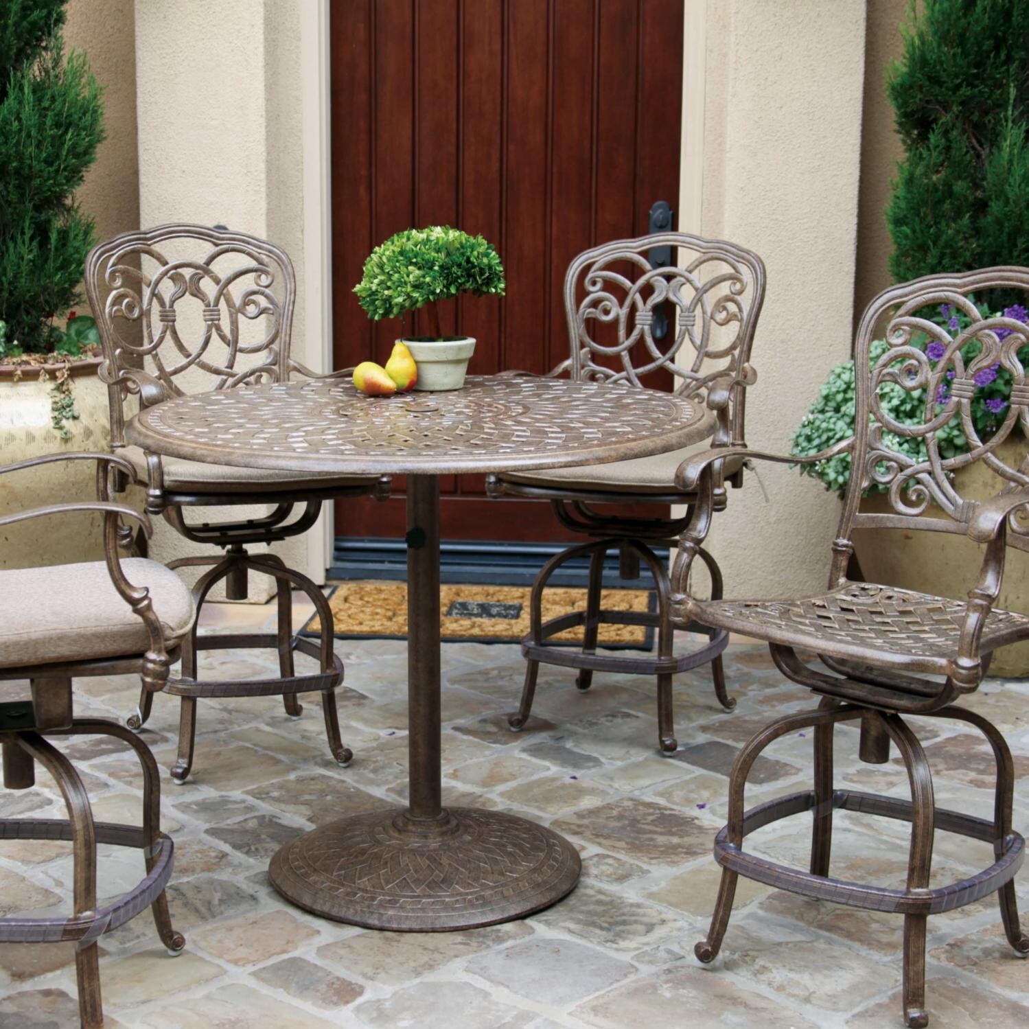 Darlee Florence 5 Piece Cast Aluminum Patio Counter Height Bar Set With Swivel Bar Stools - Mocha