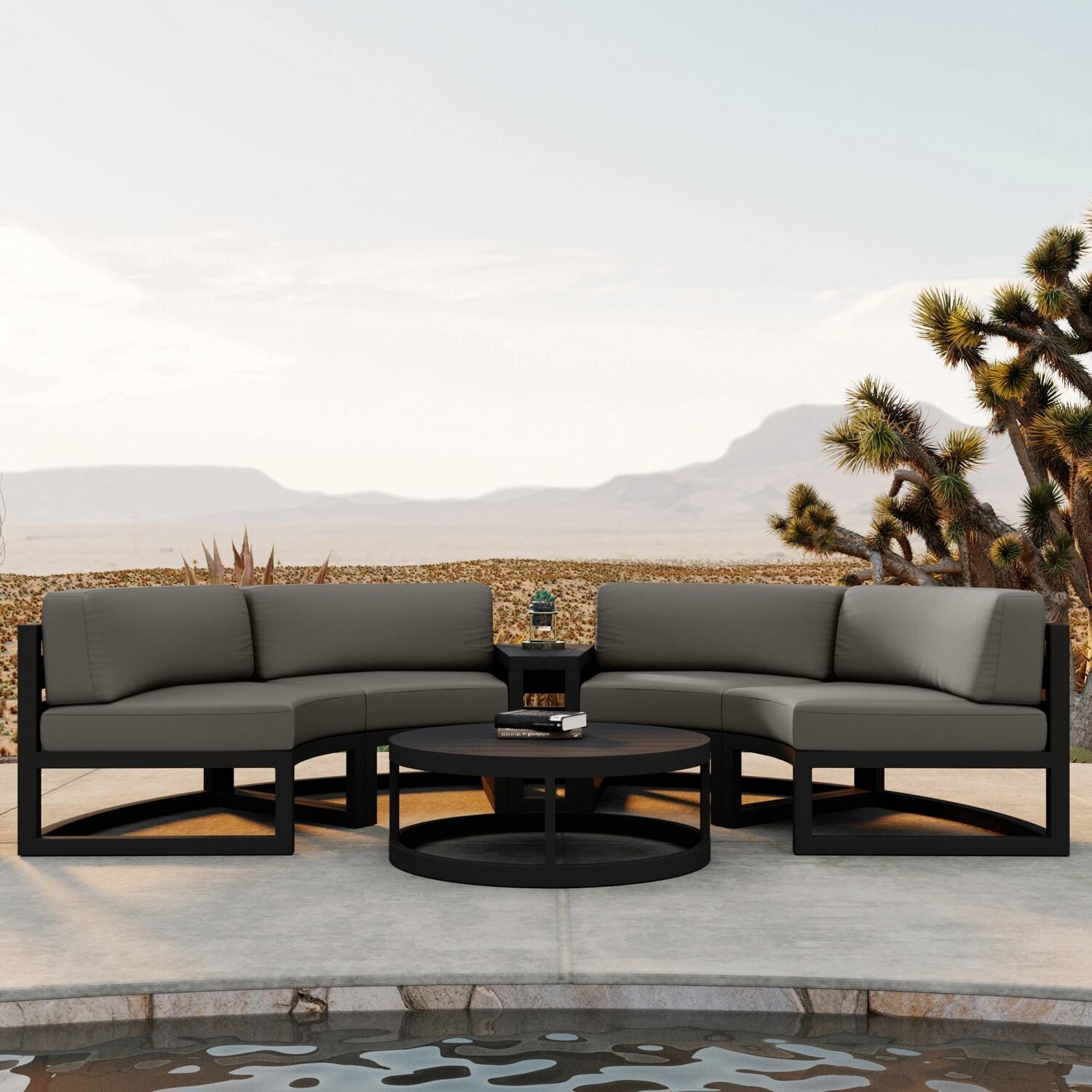Lakeview MSTYCV-BK-4CSEC-CC Misty Cove 4 Pc Aluminum Curve Sectional Set in Black w/Coffee Table & Canvas Charcoal Cushions by Lakeview Outdoor Designs - By the Pool - Lifestyle thumbnail