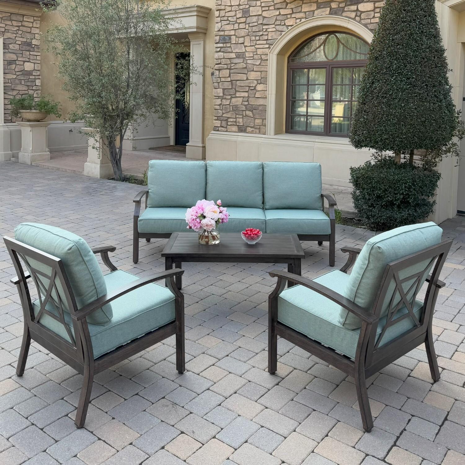 Atlantis 4 Pc Aluminum Seating Set w/ Sofa & 2 Club Chairs in Walnut/Spa by Darlee