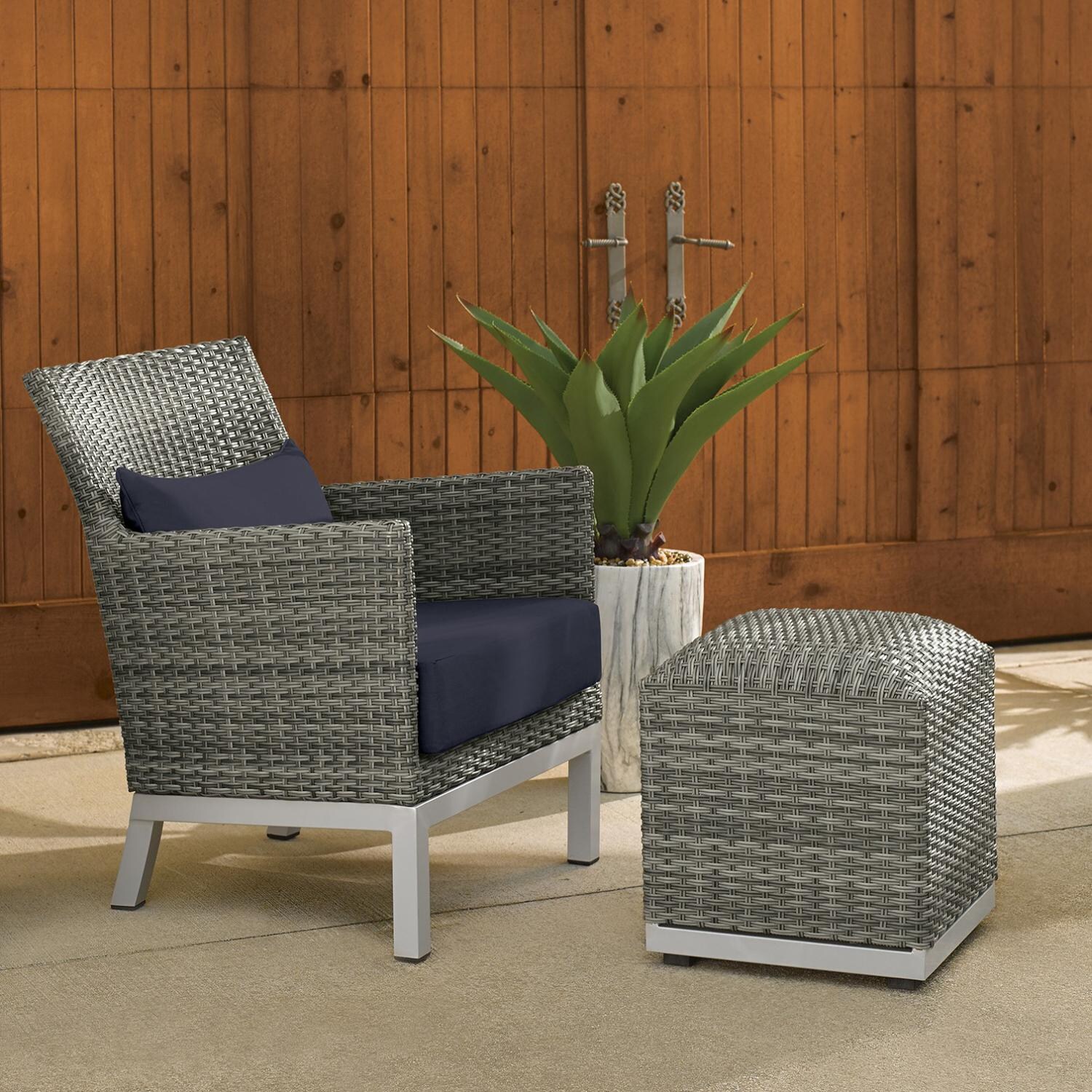 Argento 2 Piece Wicker Patio Seating Set W/ Ottoman & Lumbar Pillow By Oxford Garden - Midnight Blue image