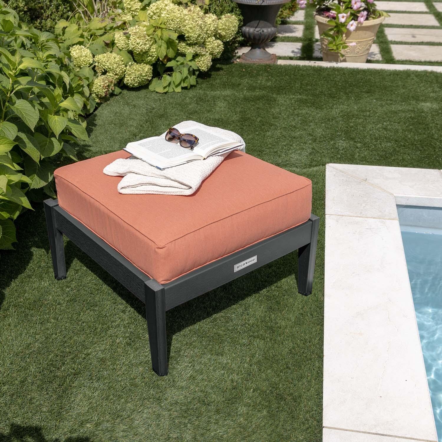 Blushing Bay Recycled Plastic Ottoman in Canvas Persimmon/Black by Lakeview Outdoor Designs - By Pool Close Up - Lifestyle thumbnail