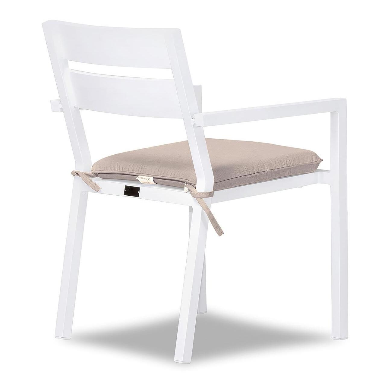 Calm Bay Aluminum Dining Arm Chair in White/Canvas Flax by Lakeview Outdoor Designs - Angle - White Background thumbnail
