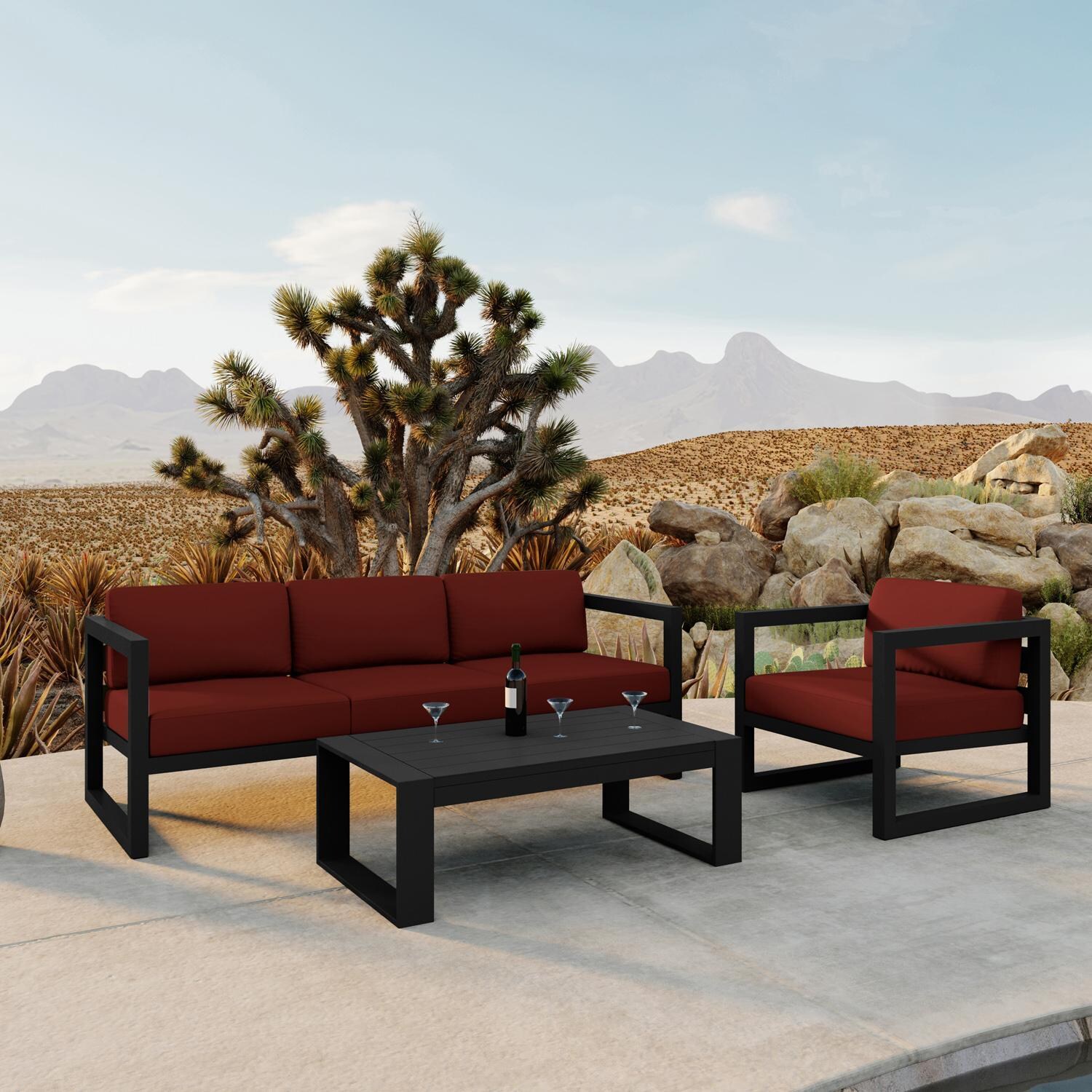 Lakeview MSTYCV-BK-3SS-HN Misty Cove 3 Pc Aluminum Seating Set in Black w/Portal Coffee Table & Canvas Henna Cushions by Lakeview Outdoor Designs - By the Pool - Lifestyle thumbnail