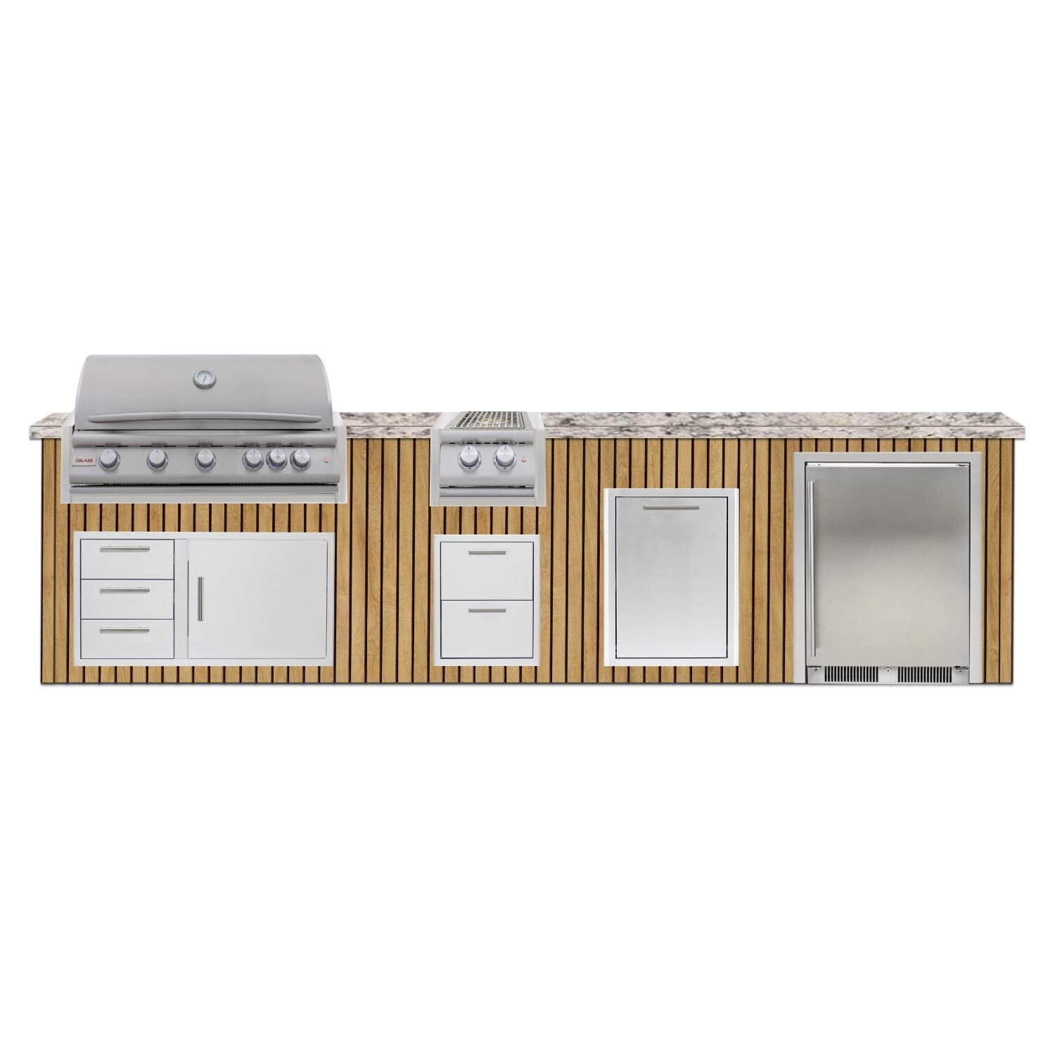BBQGuys Signature 12 Ft Outdoor Kitchen Island w/ 40-in Blaze LTE+ Propane Grill & Double Side Burner, 24-in Refrigerator & Double Trash Bin | Sun Bleached Oak w/ White Valley Granite - Island - White Background thumbnail