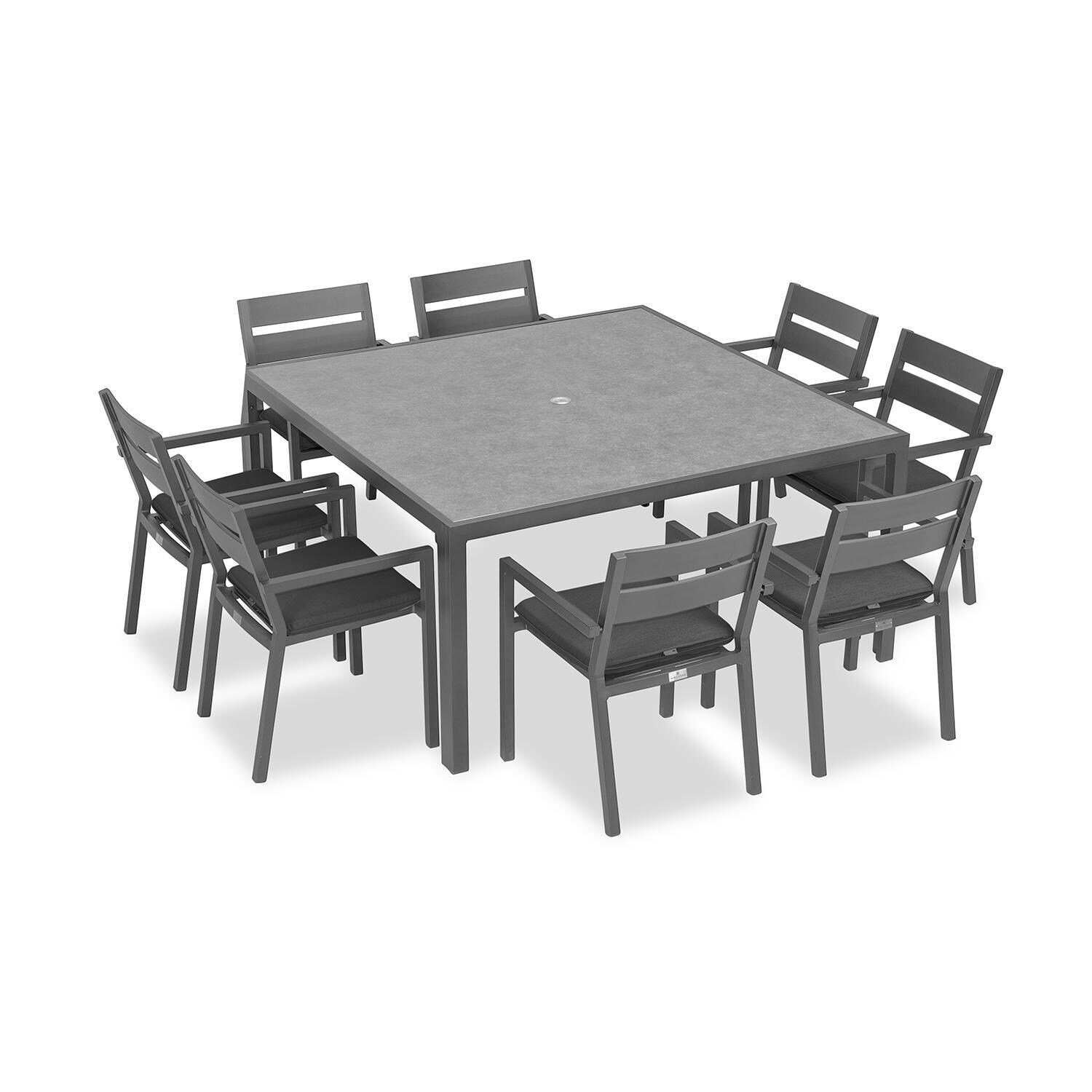 Calm Bay 9 Pc Square Aluminum Dining Set in Slate/Canvas Charcoal by Lakeview Outdoor Designs