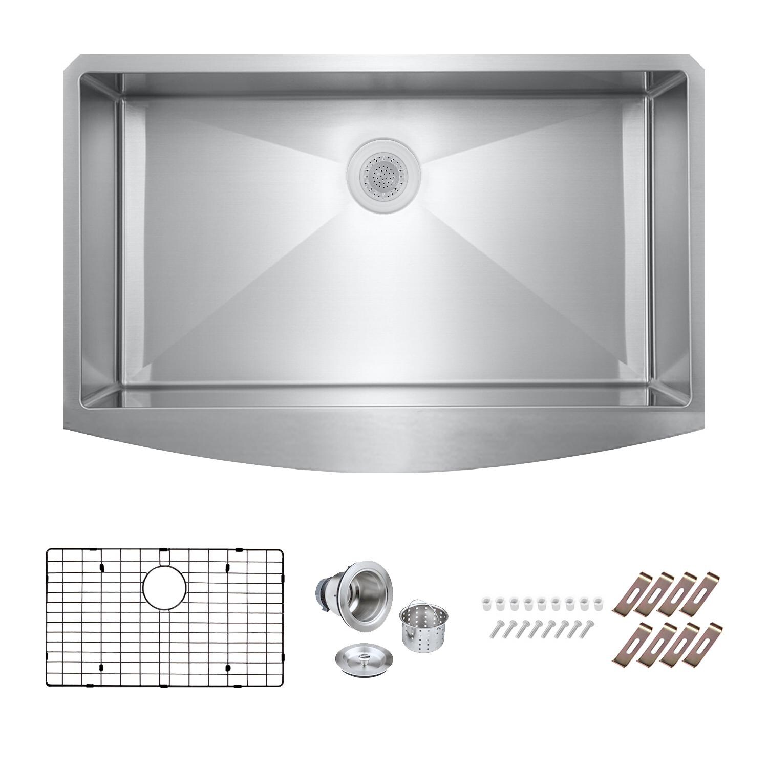 BBQGuys Signature Farmhouse Bowed Apron Stainless Steel 36-Inch Sink W/Grid and Strainer