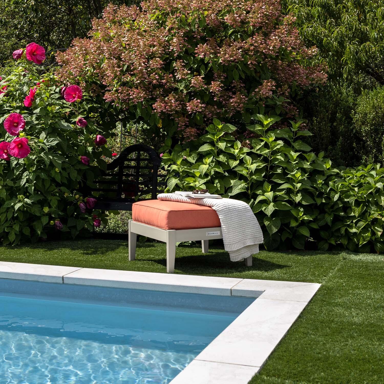 Blushing Bay Recycled Plastic Ottoman in Canvas Persimmon/Whitewash by Lakeview Outdoor Designs - By Pool - Lifestyle thumbnail