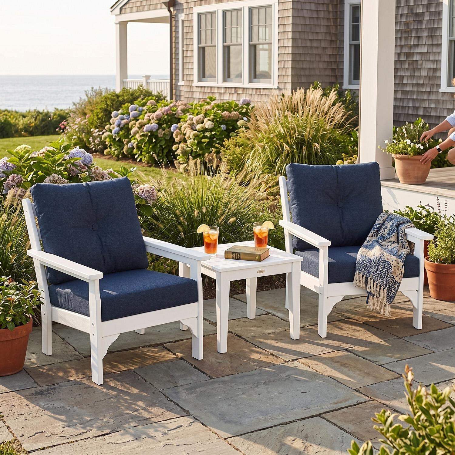 Vineyard 3 Pc Recycled Plastic Seating Set in White/Marine Indigo by POLYWOOD