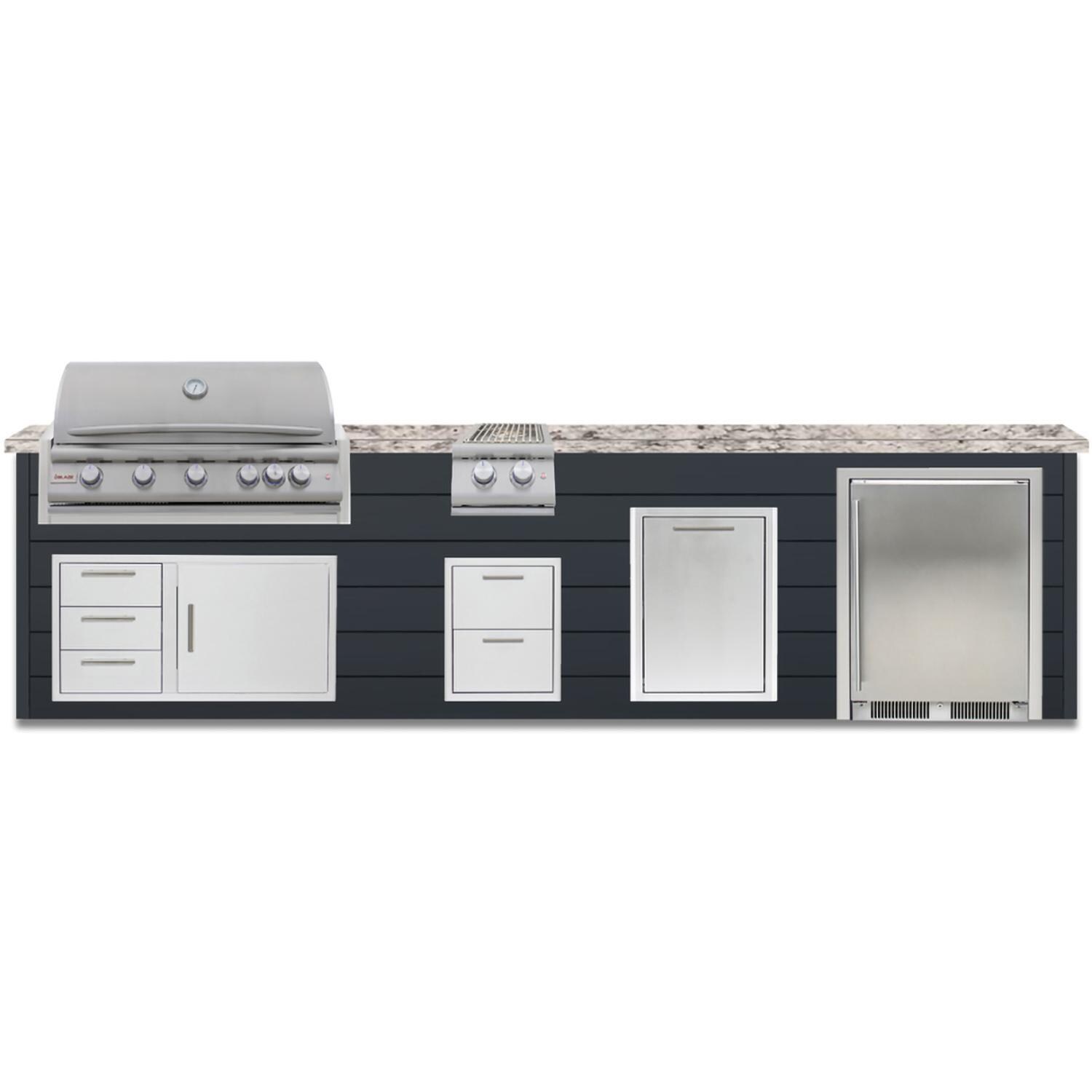 BBQGuys Signature 12 Ft Grill Island w/ 40-in Propane Blaze LTE+ Grill, Double Side Burner, Refrigerator, Narrow Trash Bin & Door & Drawer | Asphalt Gray w/ White Granite - Front - White Background thumbnail