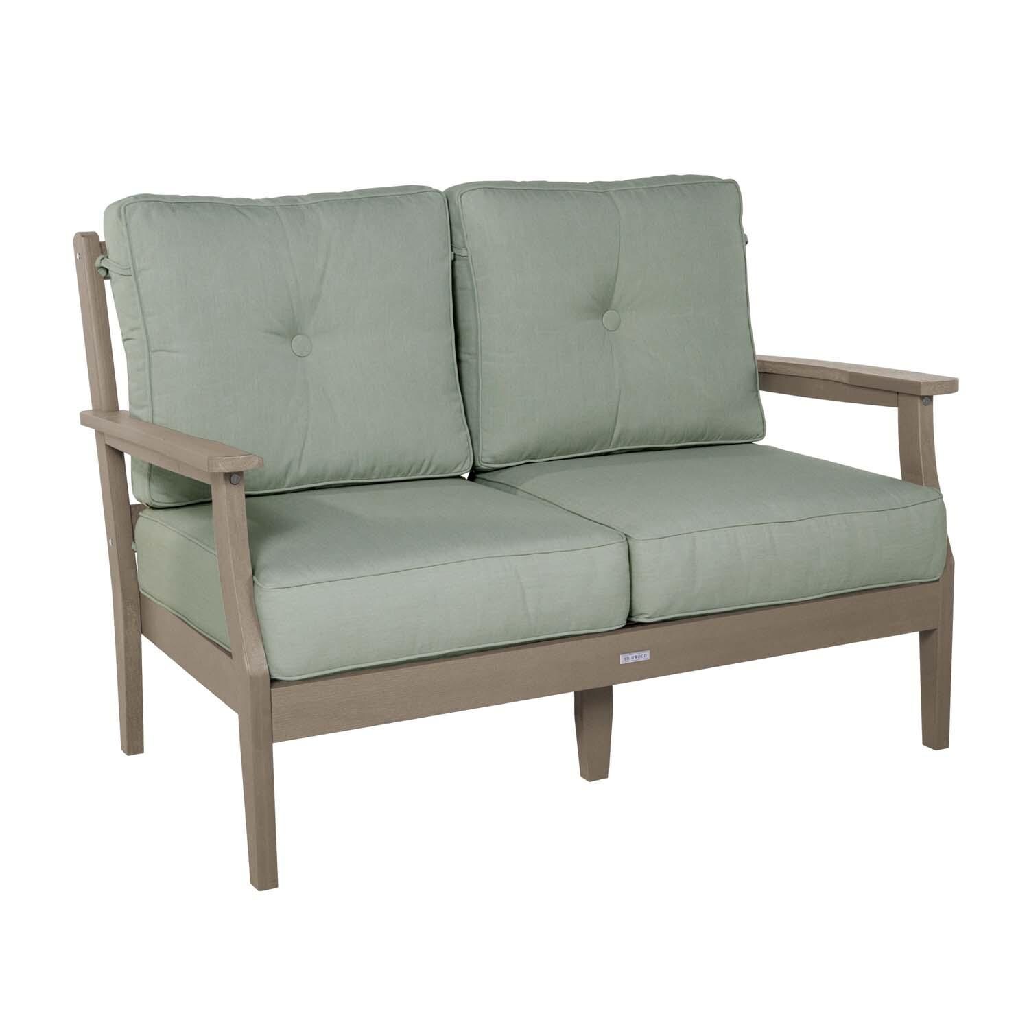 Blushing Bay 2 Person Recycled Plastic Loveseat in Canvas Seasalt/Woodland Brown by Lakeview Outdoor Designs - Left Angled - White Background thumbnail