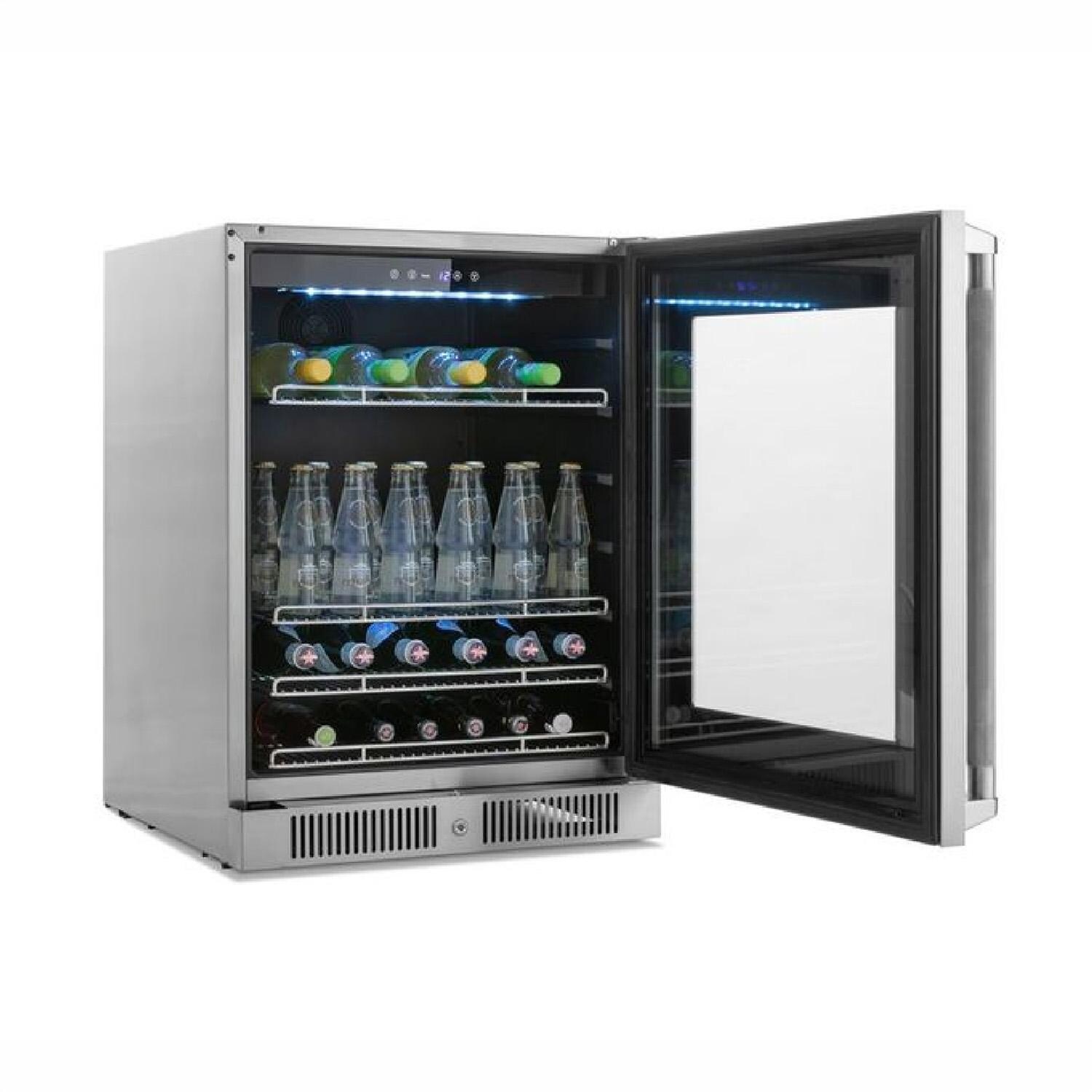 NewAge Products 67917 Classic Series 10 1/2 Ft Outdoor Kitchen Island w/ 36-in Natural Gas Grill, Glass Door Refrigerator, Trash Bin, Door & Drawer in Grove/Stainless Steel - Fridge Open - White Background thumbnail