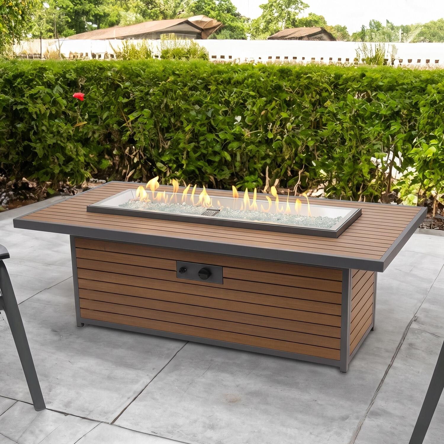 Revere 61-in Linear Propane Fire Pit Table in Brown by Lakeview Outdoor Designs - Lifestyle thumbnail