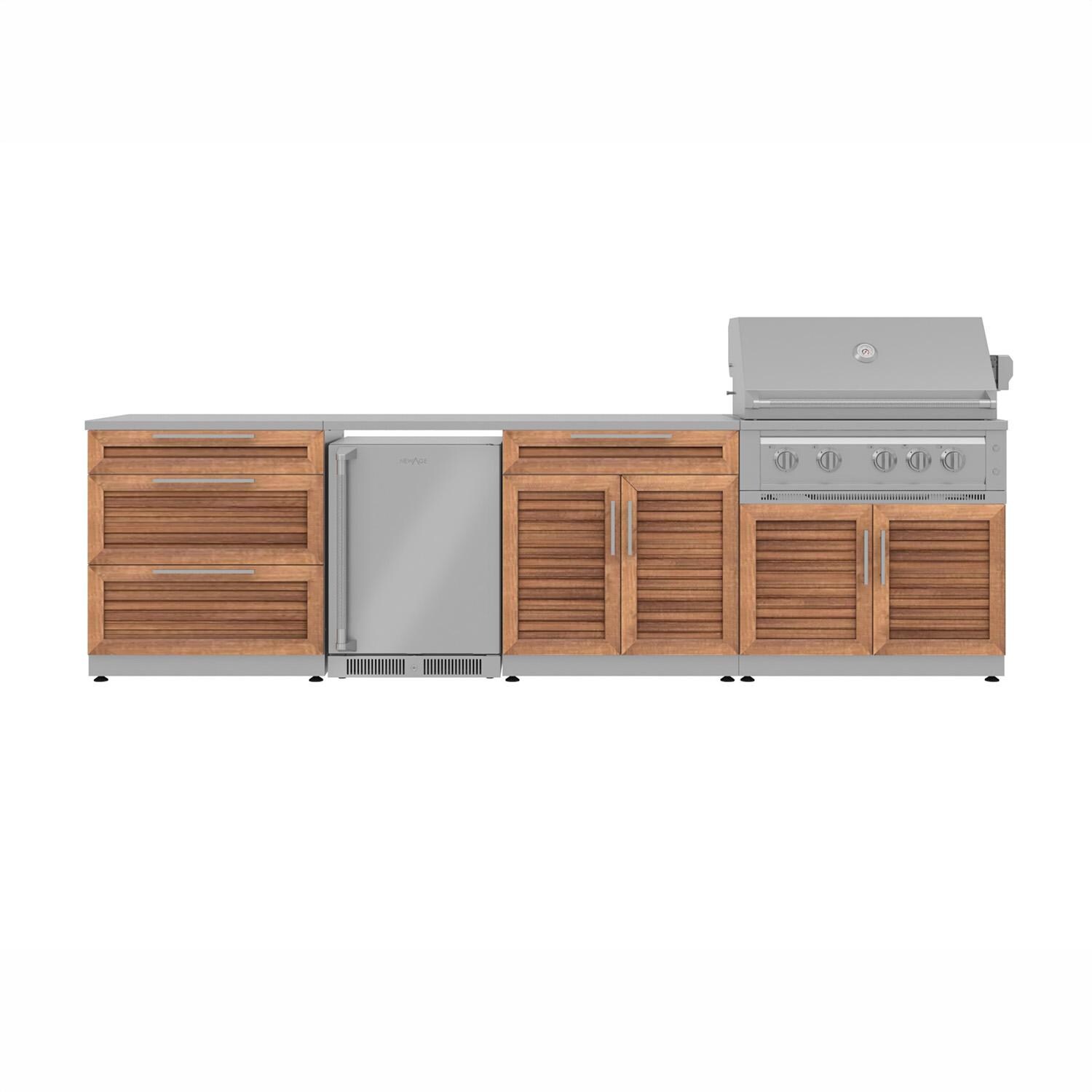 NewAge Products Classic Series 10 1/2 Ft Outdoor Kitchen Island w/ 36-in Propane Grill, Refrigerator, Trash Bin, Door & Drawer in Grove/Stainless Steel