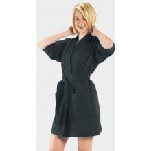 Terry Town Thigh Length Waffle Weave Kimono Robe One Size Fits Most - Black image