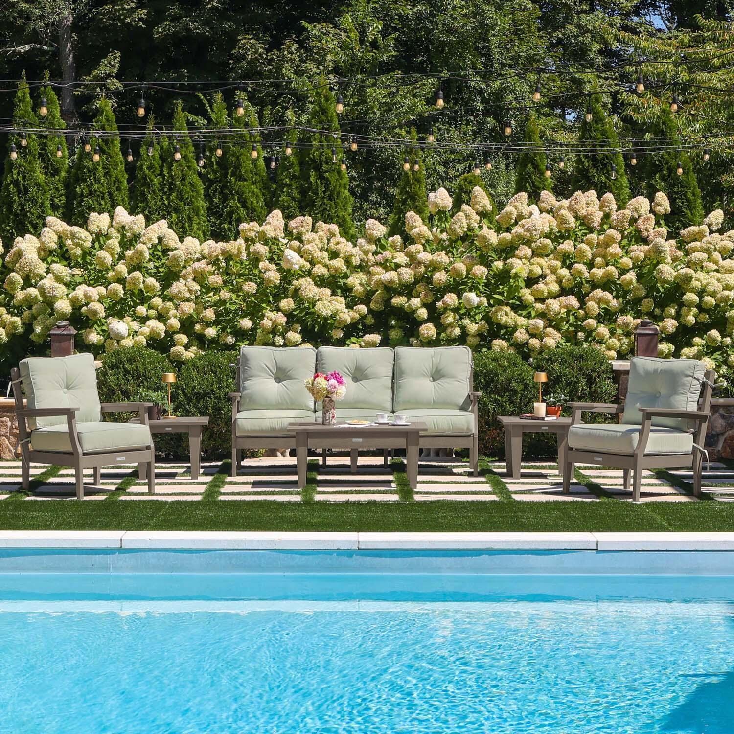 Blushing Bay 6 Pc Recycled Plastic Seating Set w/ Sofa in Canvas Seasalt/Woodland Brown by Lakeview Outdoor Designs - By the Pool - Lifestyle thumbnail