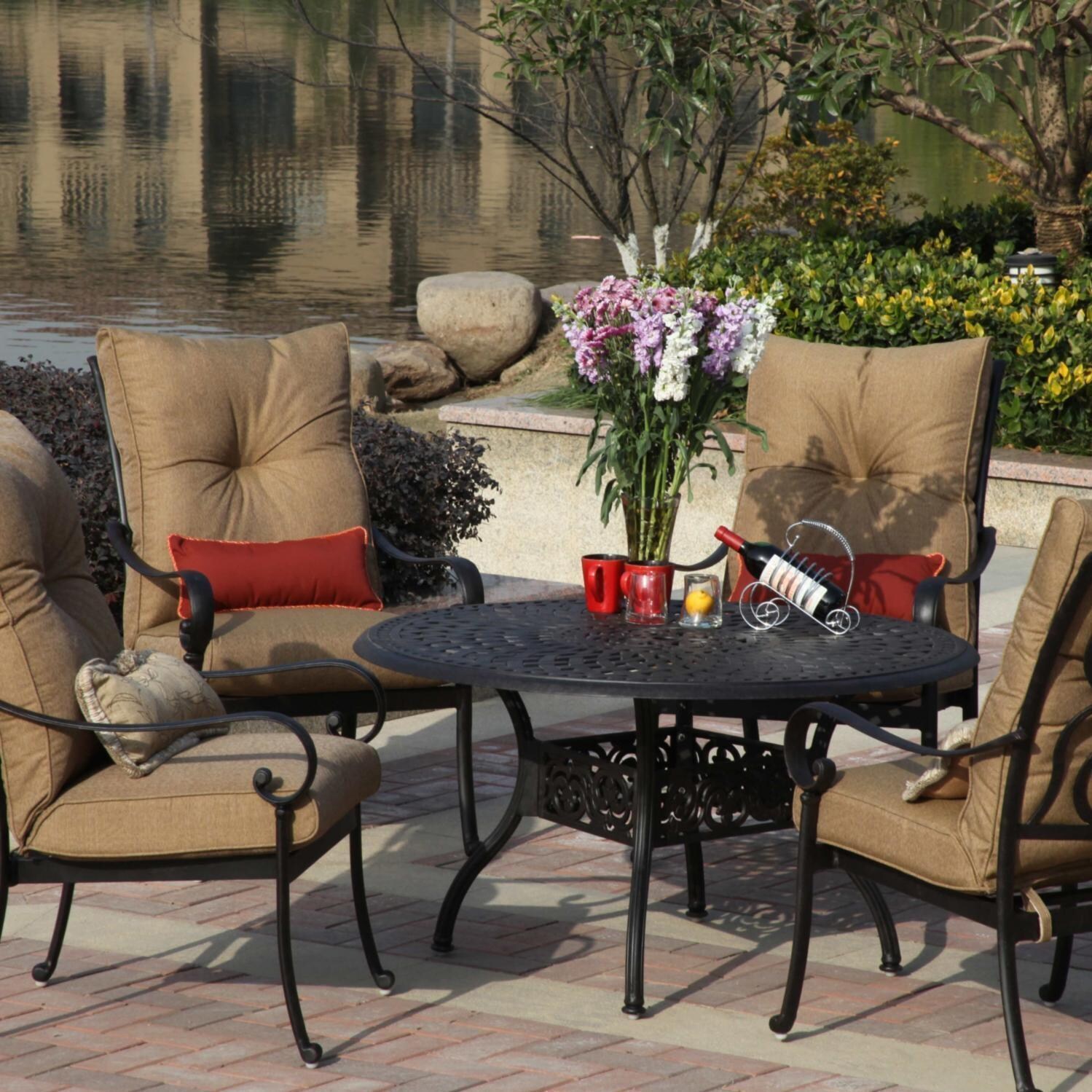 Santa Anita 5 Pc Cast Aluminum Dining Set w/ 48-in Round Series 60 Table in Antique Bronze/Heather Beige Sunbrella by Darlee