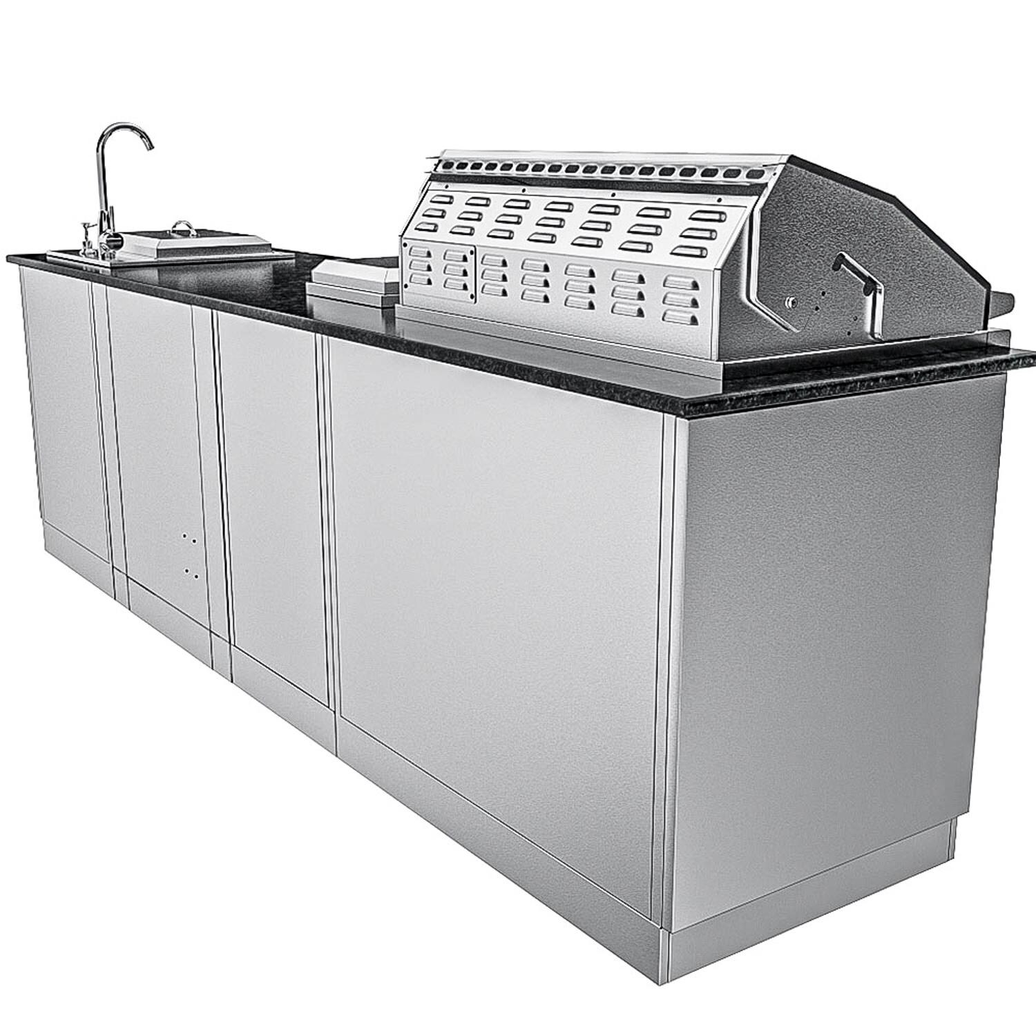 Sunstone Grills SCPHOUSTON9.8-NG Houston 9 1/2 Ft Outdoor Kitchen Island w/ Natural Gas Grill & Side Burner, Sink, Refrigerator, Door & Drawer - Back - White Background thumbnail