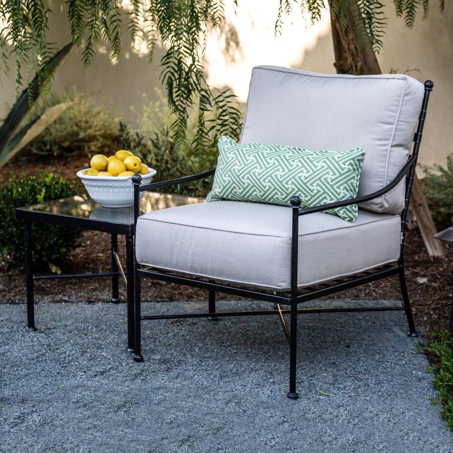 Provence 2 Pc Wrought Iron Seating Set W/Side Table & Sunbrella Canvas Flax Cushions in Century Pewter By Sunset West - Lifestyle thumbnail