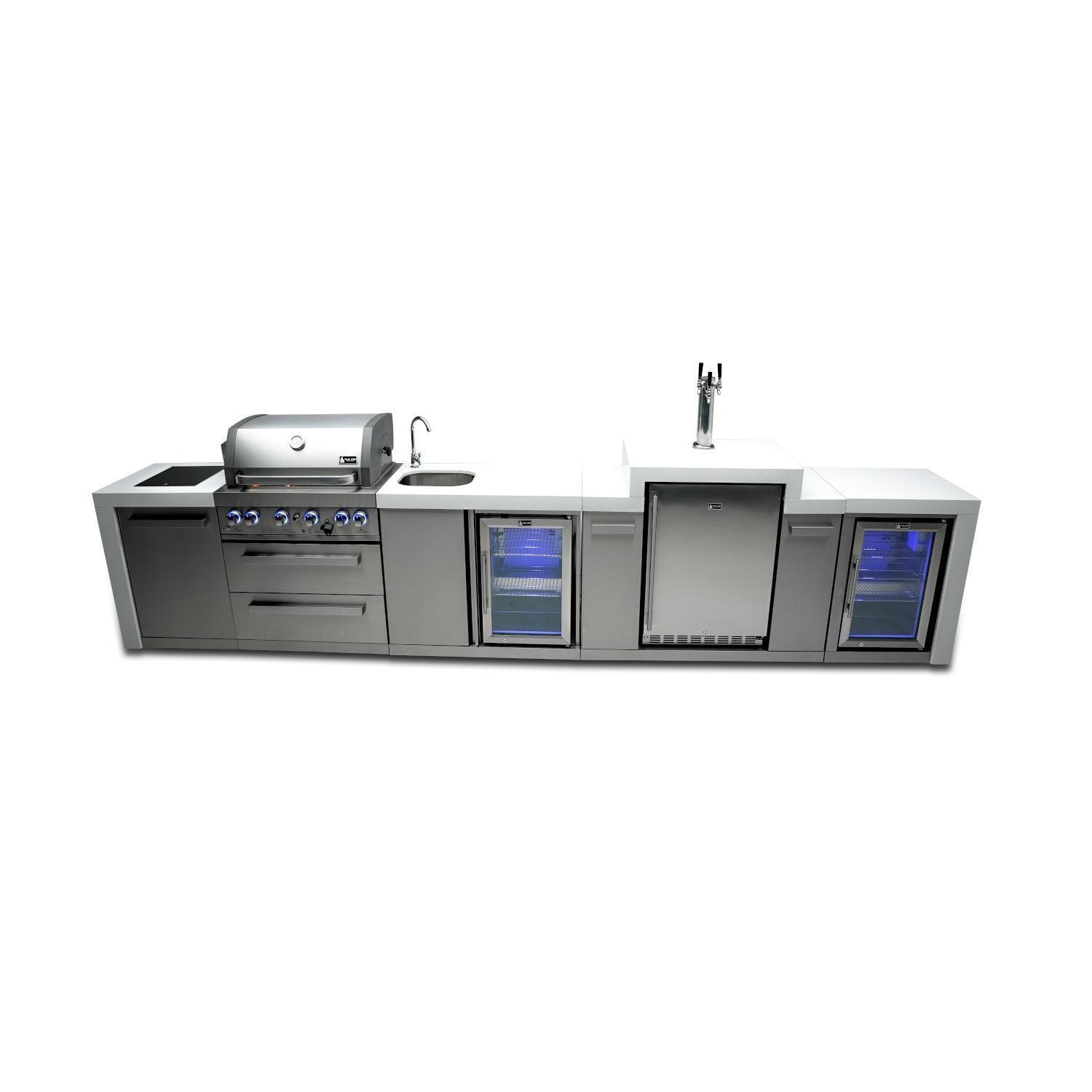Mont Alpi Deluxe Series 14 Ft Natural Gas Outdoor Kitchen Island w/ Side Burner, Beverage Center, Fridge & Kegerator (Ships Propane w/ Conversion Kit) - MAi400-DKEGBEVFC