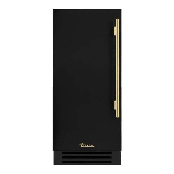 True 15 Inch 85 Lb. Left Hinge Outdoor Ice Maker - Matte Black w/ Brass Handle - TUI-15-L-OP-D~DSK-027-H01