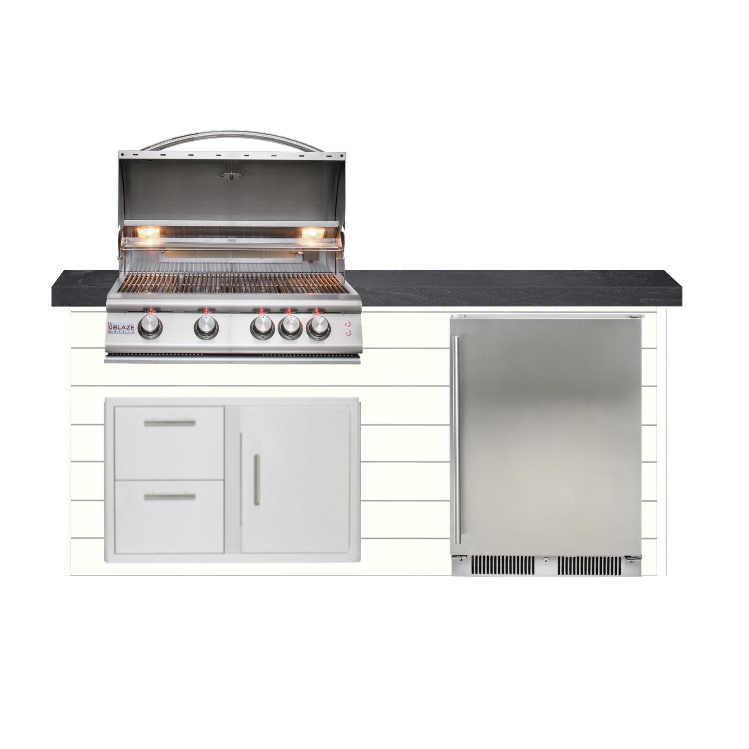 BBQGuys Signature 6ft Luxury Outdoor Island W/ Blaze Premium LTE 32-Inch Propane Grill & Outdoor Rated Refrigerator - Canvas White Steel W/ Black Polished Granite thumbnail