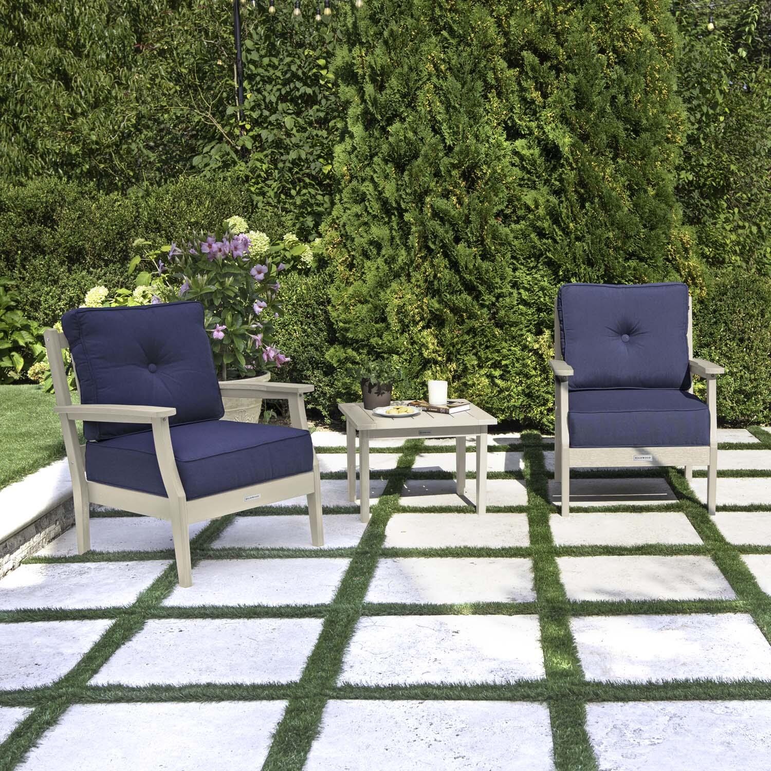 Blushing Bay 3 Pc Recycled Plastic Seating Set in Spectrum Indigo/Whitewash by Lakeview Outdoor Designs - Angled Left - Lifestyle thumbnail