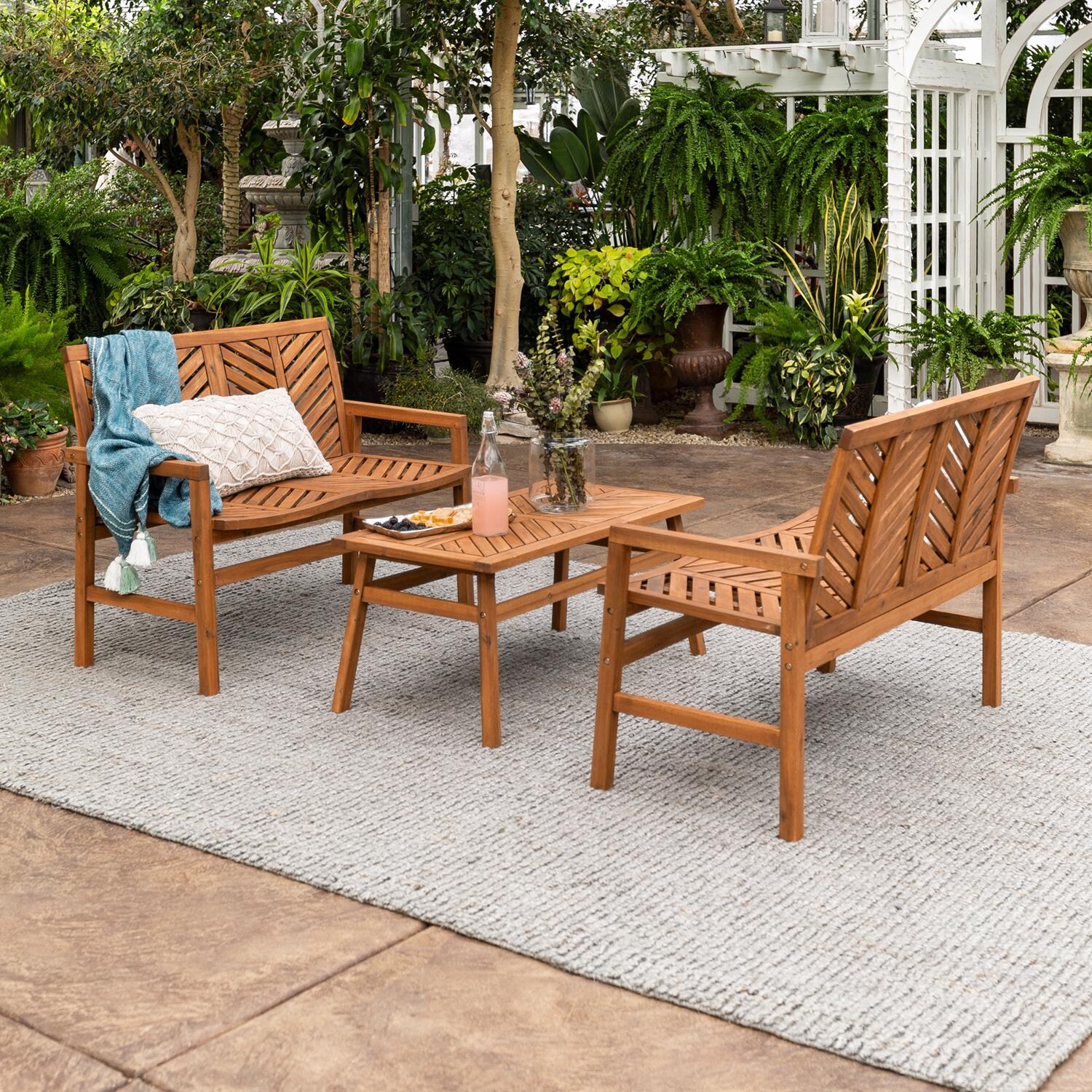 Walker Edison Vincent 3 Piece Acacia Patio Conversation Set W/ 42 X 20 Inch Rectangular Table - Brown image