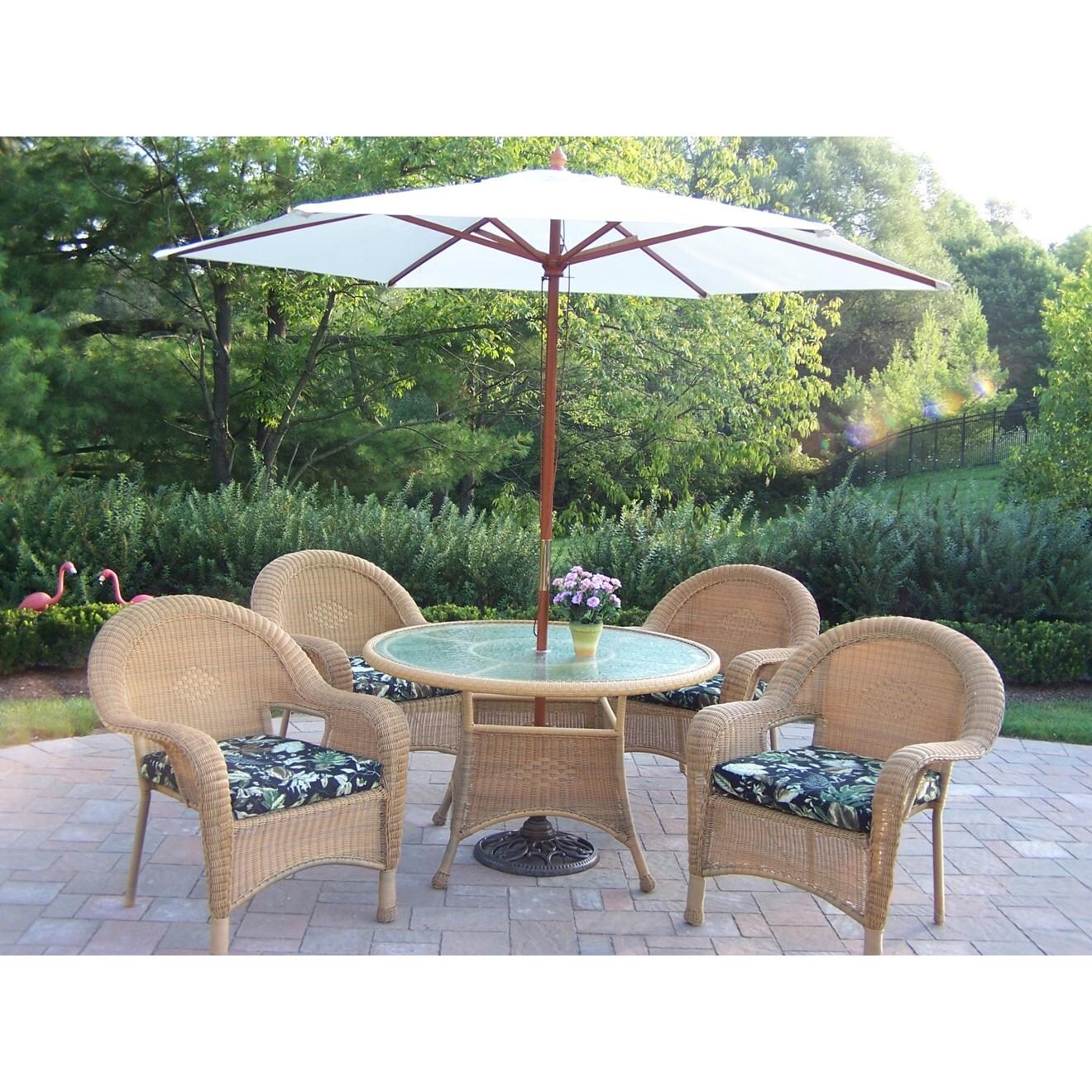 Oakland Living Resin Wicker 4-Person Patio Dining Set With Umbrella And ...
