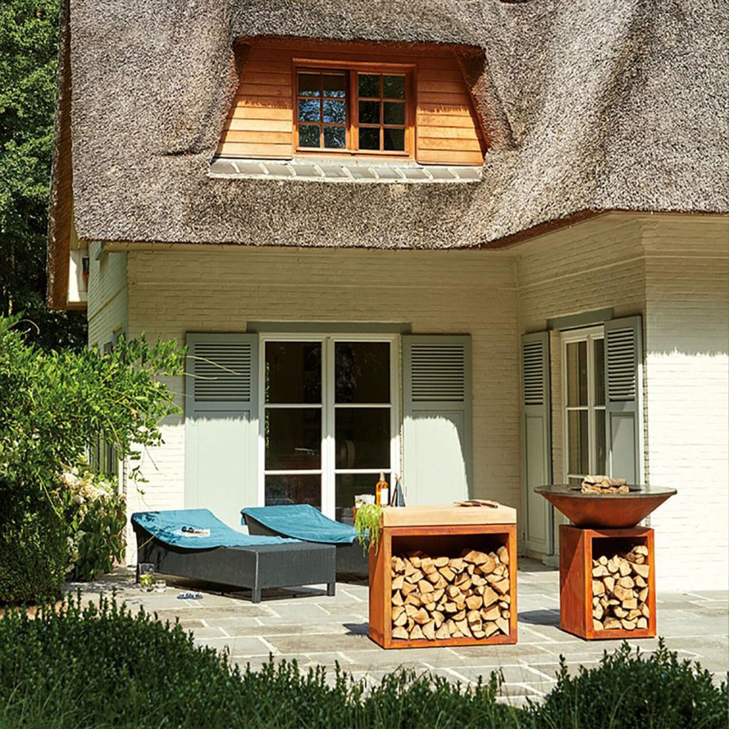 OFYR BBS-90-TW Butcher Block Storage 90 Corten Teak Wood 41 Inch Food Prep Station - Back Patio - Styled w/ Flat Top Grill - Lifestyle thumbnail