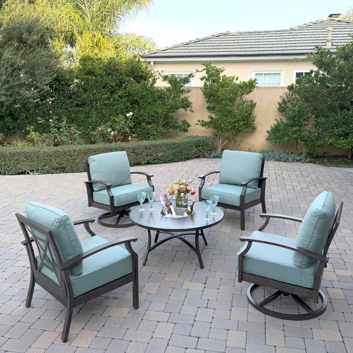Atlantis 5 Pc Aluminum Seating Set  w/ 2 Club Chairs, 2 Swivel Rocker Club Chairs & Ice Bucket in Walnut/Spa by Darlee - Hero - Lifestyle thumbnail